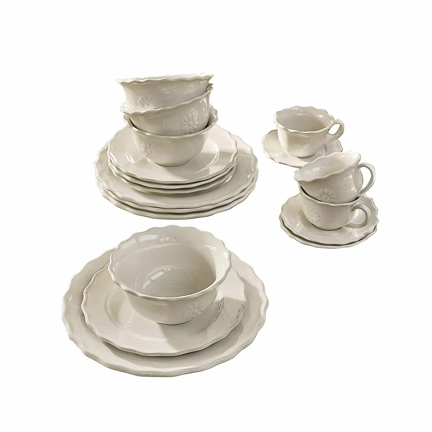 Service 30 pièces Mallevesse Service de vaisselle en céramique blanche avec bols et tasses ornés de motifs floraux délicats