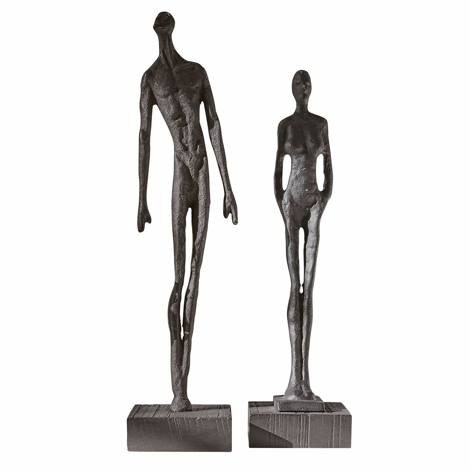 Lot de 2 figurines Perce Deux sculptures noires en métal sur socles en bois, décoration intérieure moderne et design