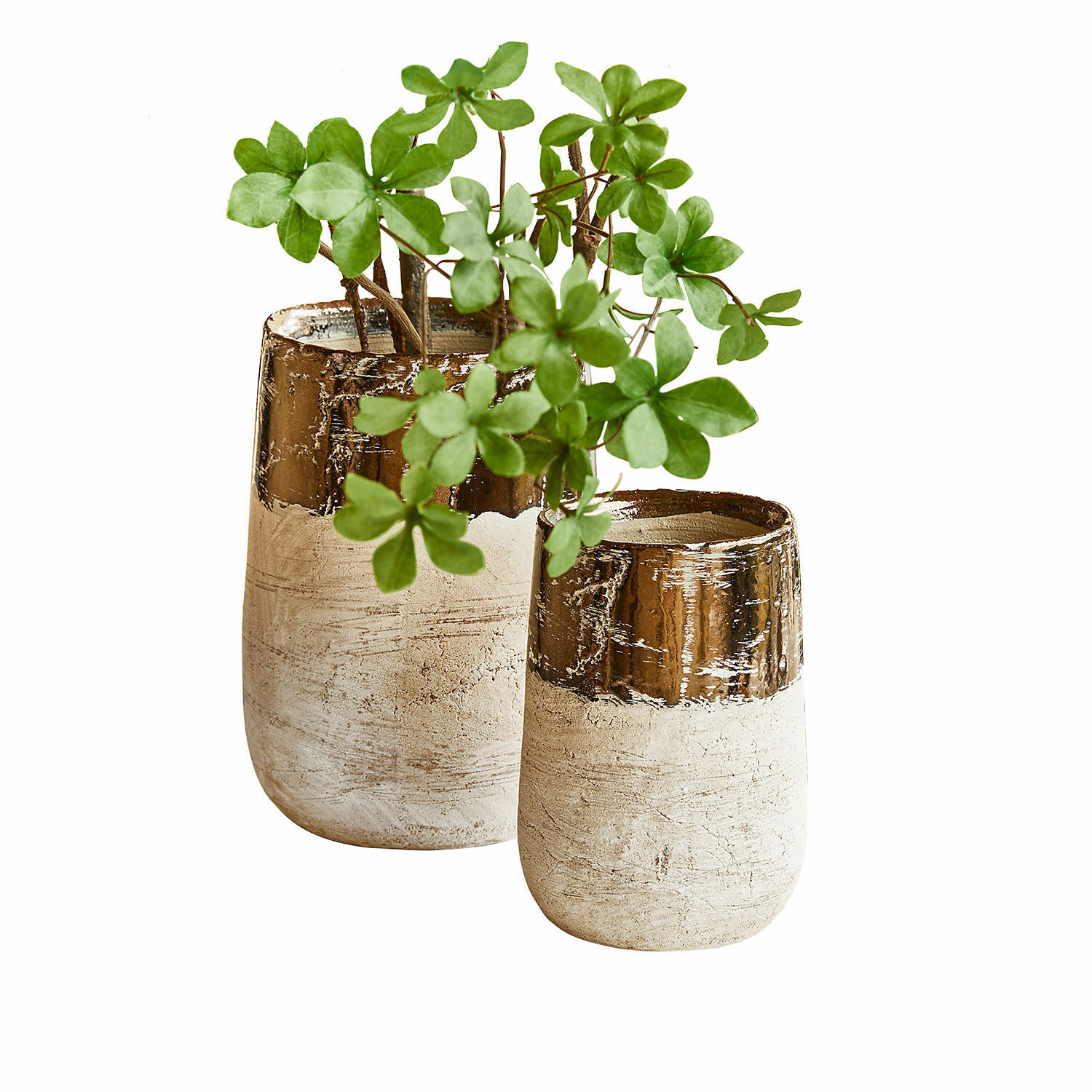 Lot de 2 vases Hafira Ensemble de deux pots en céramique beige et marron avec plantes vertes pour décoration intérieure