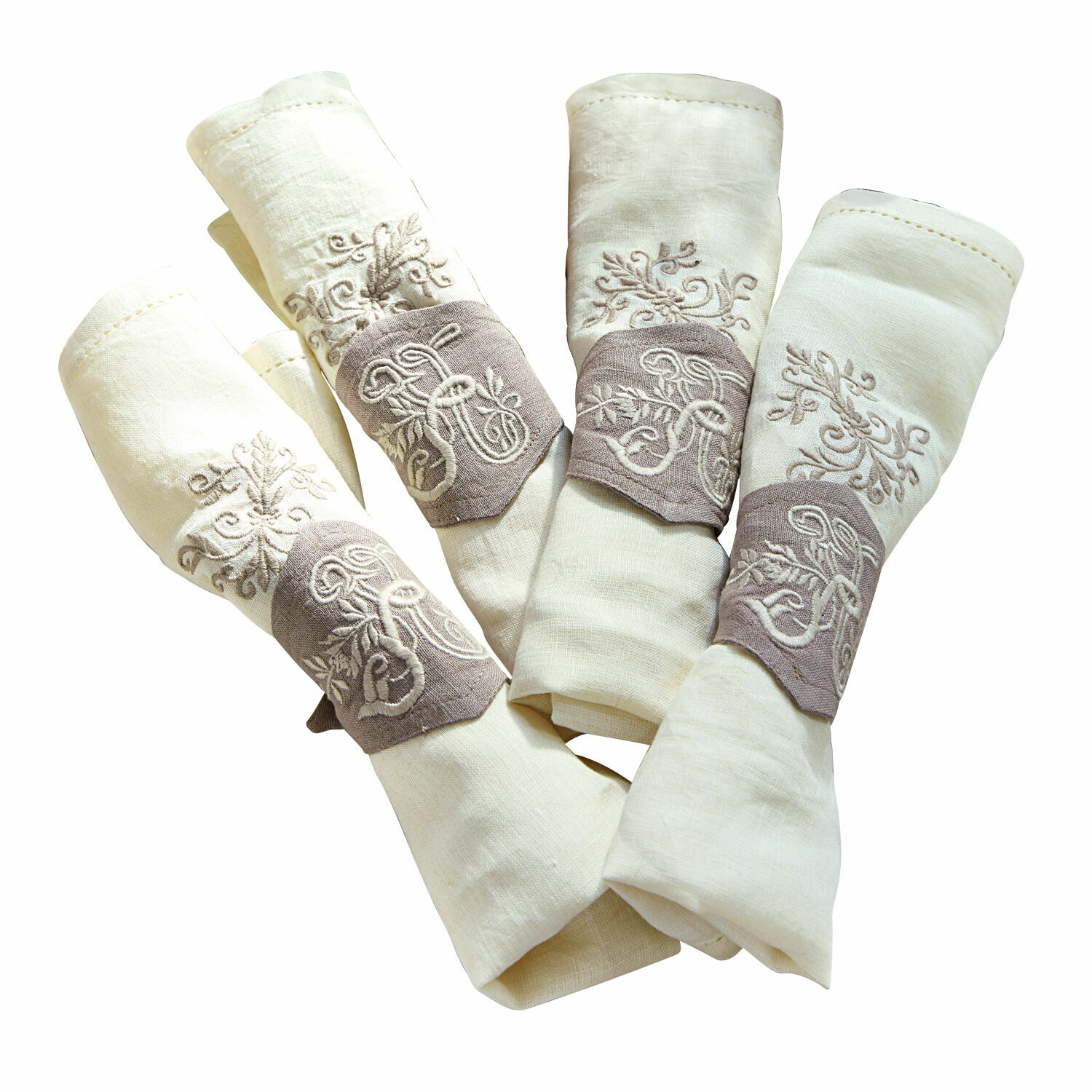 Ensemble de serviettes en lin crème avec anneaux brodés gris pour la table
