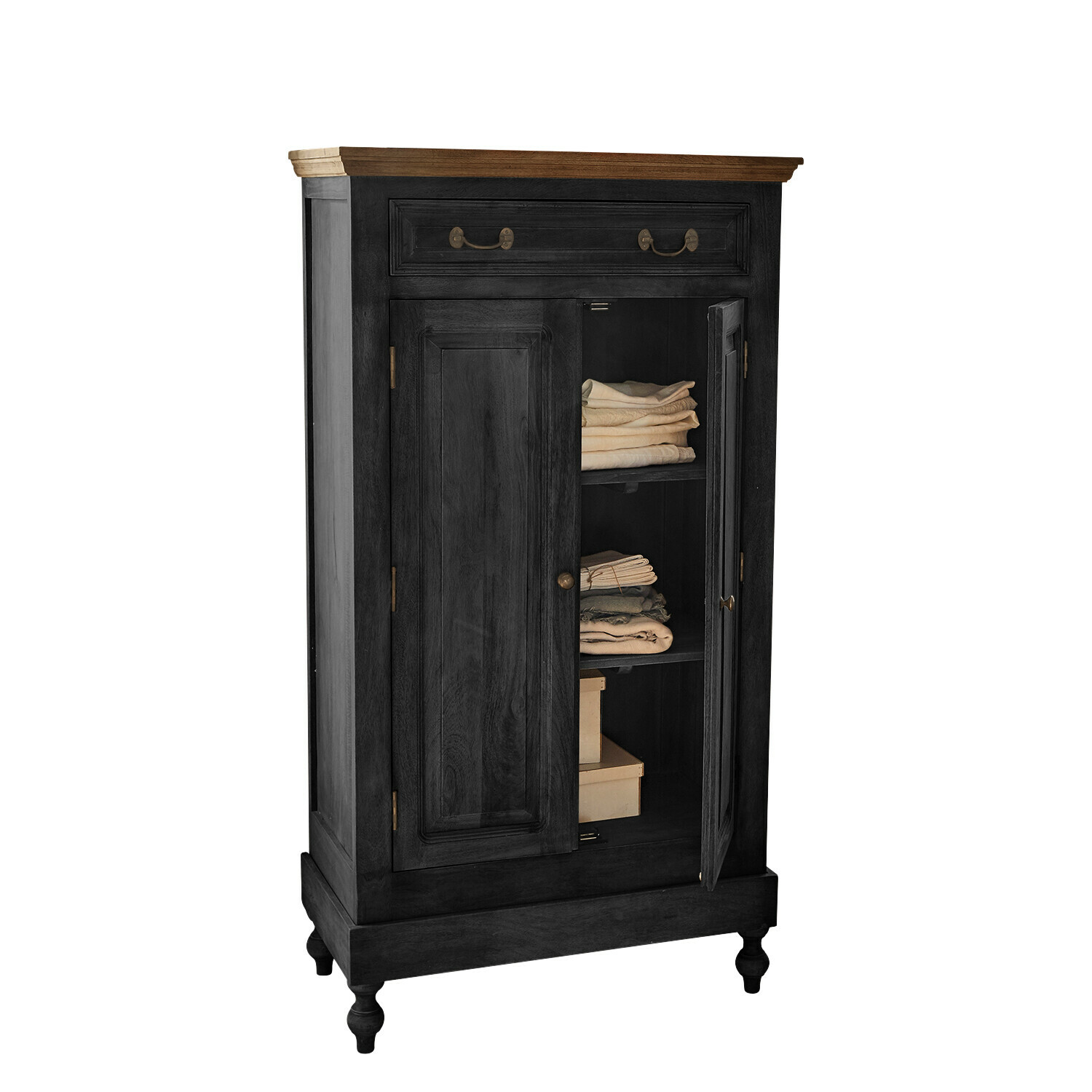 noir Armoire Bortoni noire en bois avec plateau marron et étagères pour linge plié, meuble de rangement