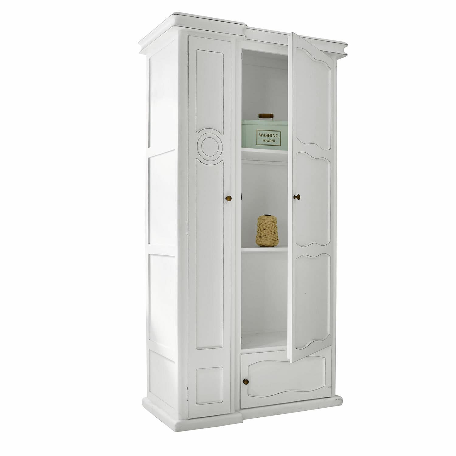 Armoire Garlinet Armoire en bois blanc avec portes ouvertes et étagères, meuble de rangement pour la maison