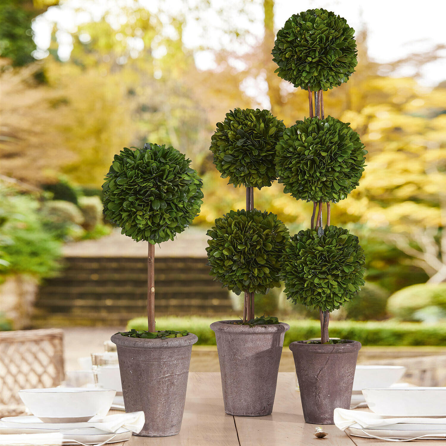 Lot de 3 arbres décoratifs Dunjes Plantes artificielles décoratives en pots avec feuillage vert en forme de boule sur table extérieure