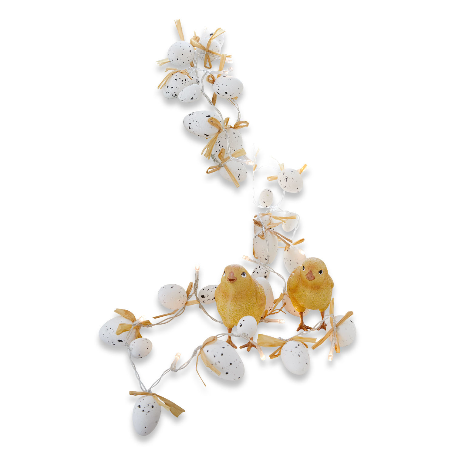 Lot de 2 guirlandes lumineuses Mikka Guirlande lumineuse avec œufs blancs tachetés et poussins jaunes, décoration de Pâques