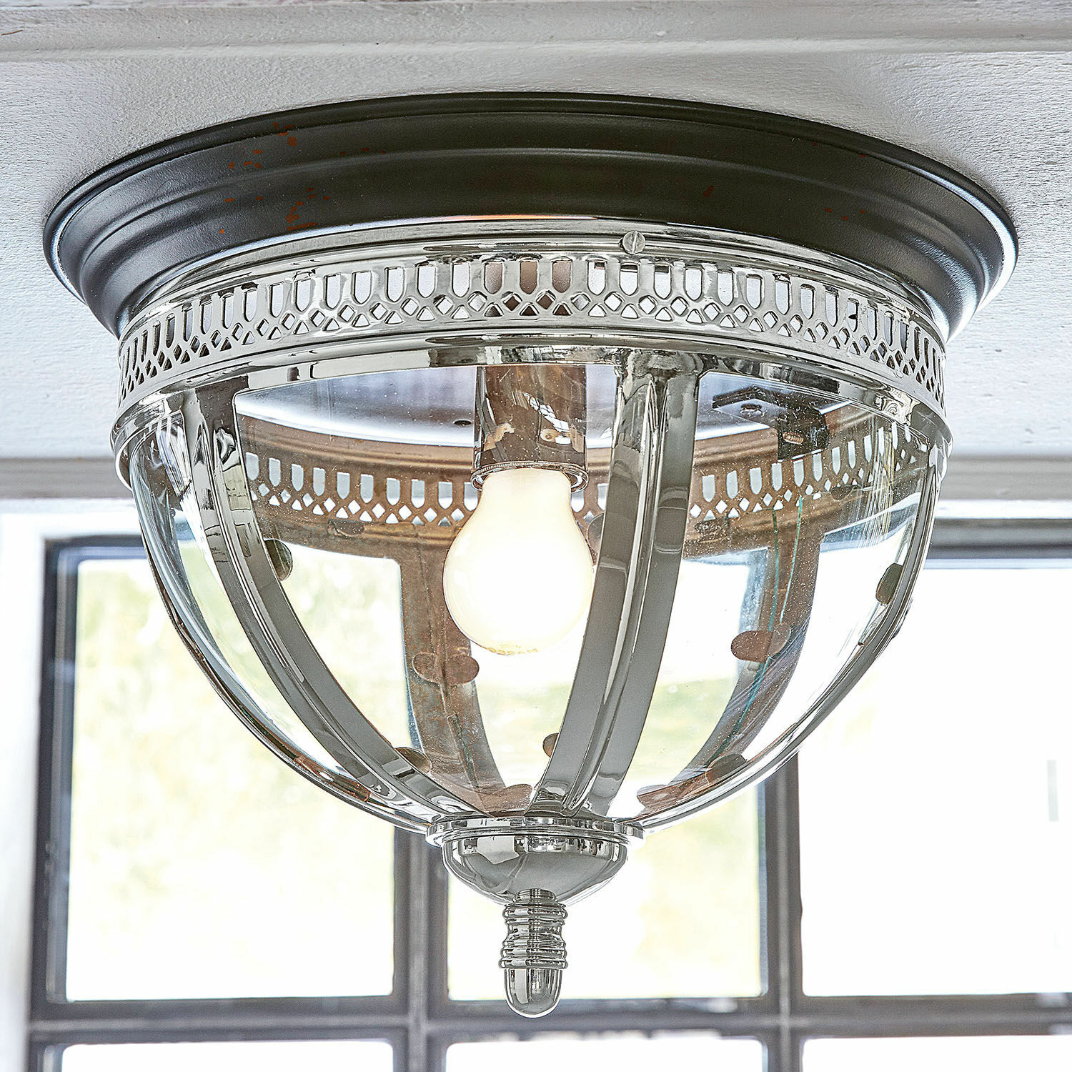 Applique-plafonnier Toole Plafonnier en verre avec cadre métallique argenté et noir, style vintage élégant