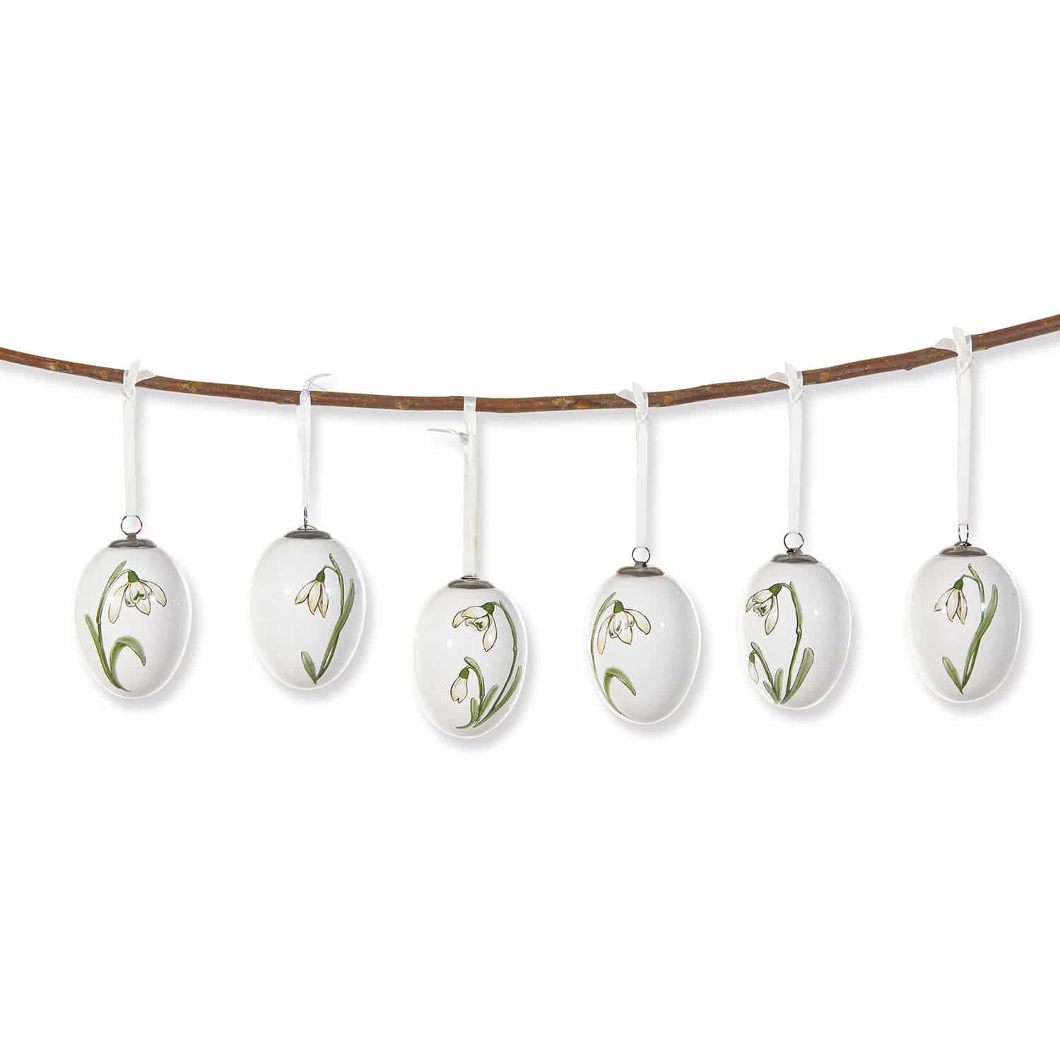 Lot de 6 œufs de Pâques Willmare Ensemble de six œufs en céramique blanche avec fleurs vertes suspendus à une branche, décoration printanière