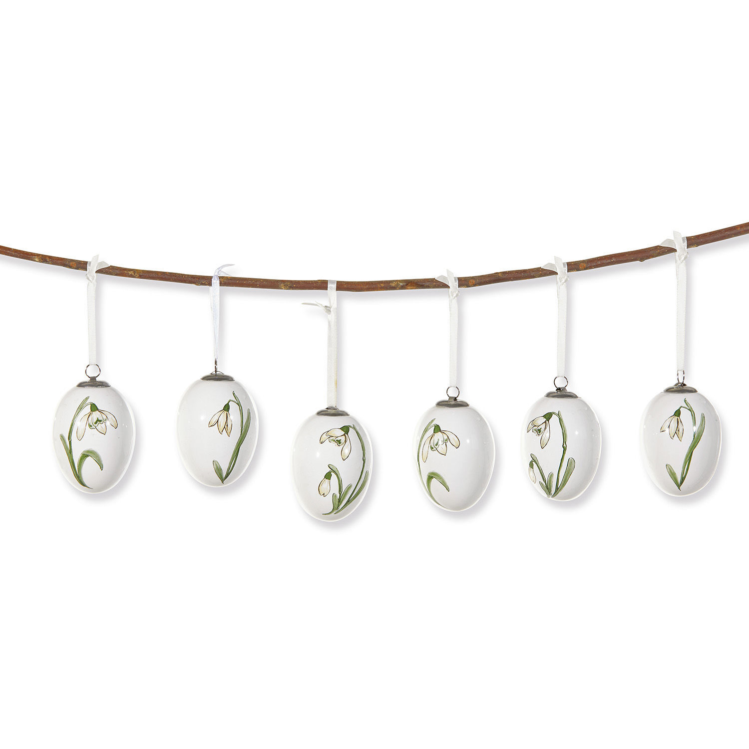 Lot de 6 œufs de Pâques Willmare Ensemble de six œufs en céramique blanche avec fleurs vertes suspendus à une branche, décoration printanière