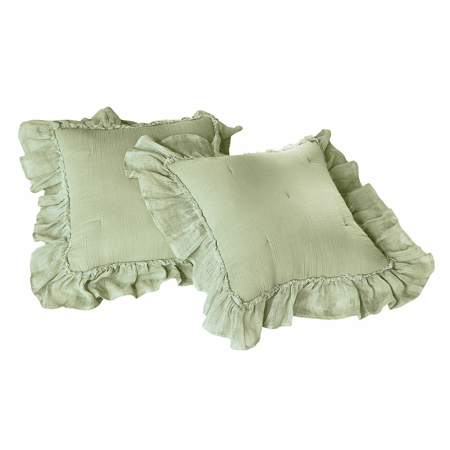 Lot de 2 housses de coussin Martone Ensemble de deux coussins verts en lin avec volants, accessoire décoratif textile pour salon