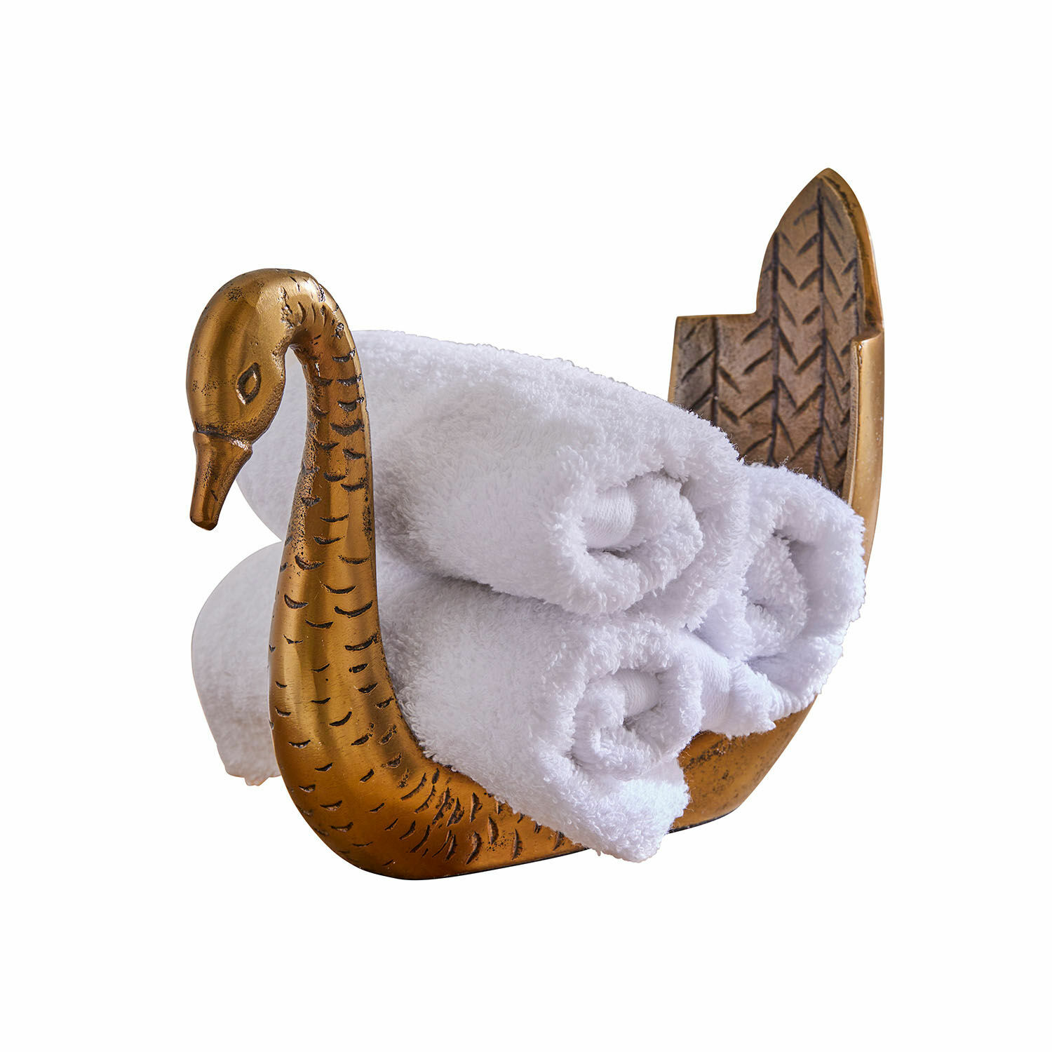 Porte-serviettes Tuavine Porte-serviettes en métal doré en forme de cygne avec serviettes blanches roulées, accessoire de salle de bain
