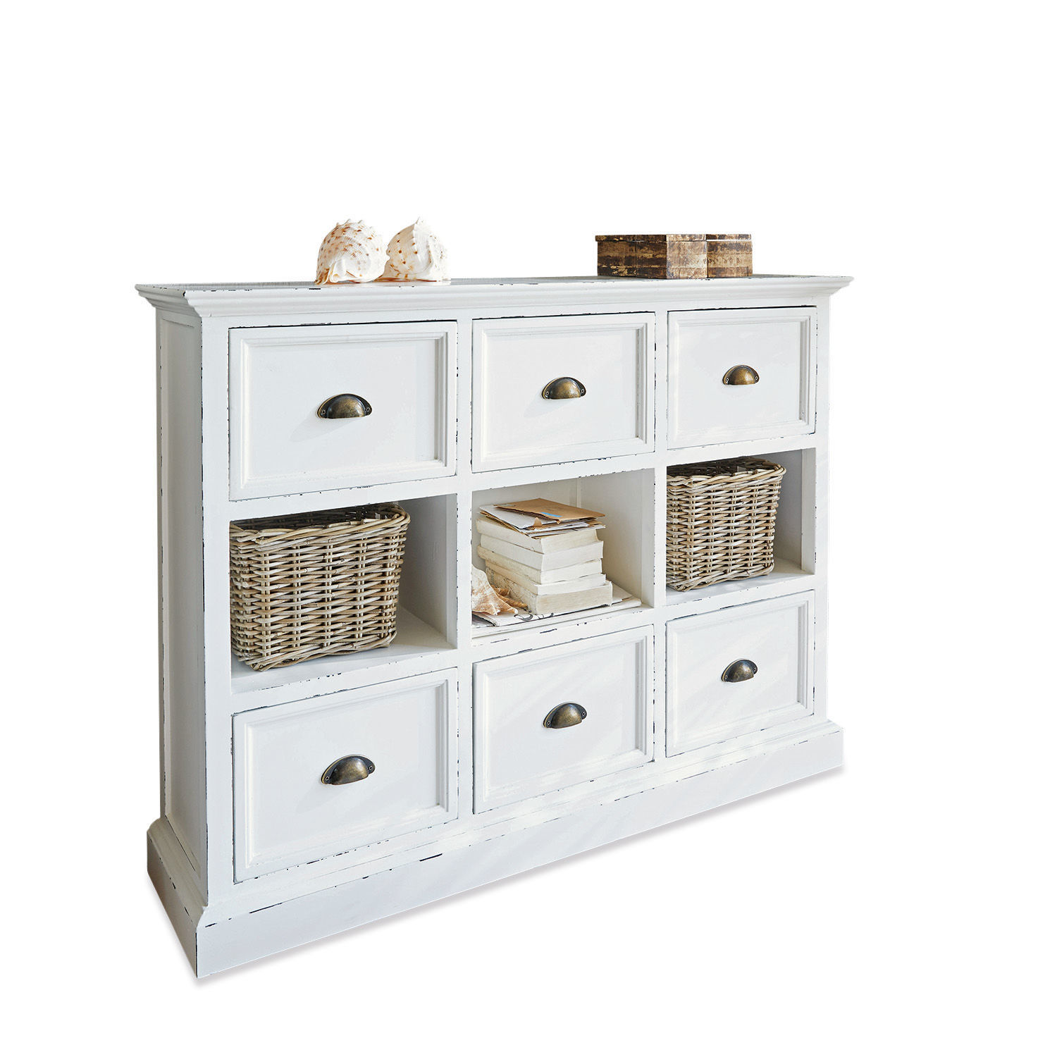 Commode Remilly Commode blanche en bois avec six tiroirs et trois étagères ouvertes avec paniers en osier