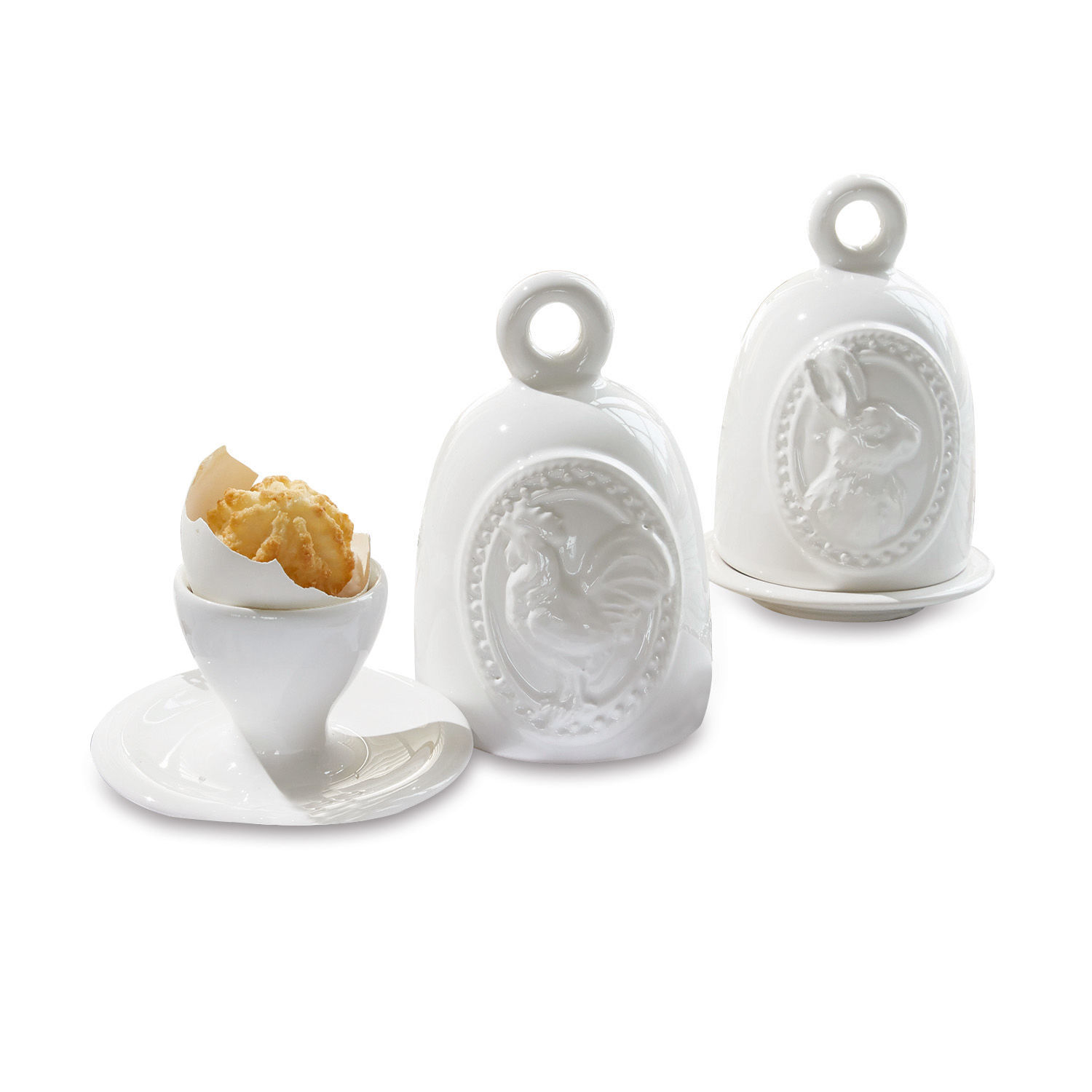 Lot de 2 coquetiers Celestyn Contenants en céramique blanche avec motifs de poulet et lapin, tasse avec biscuit sur assiette