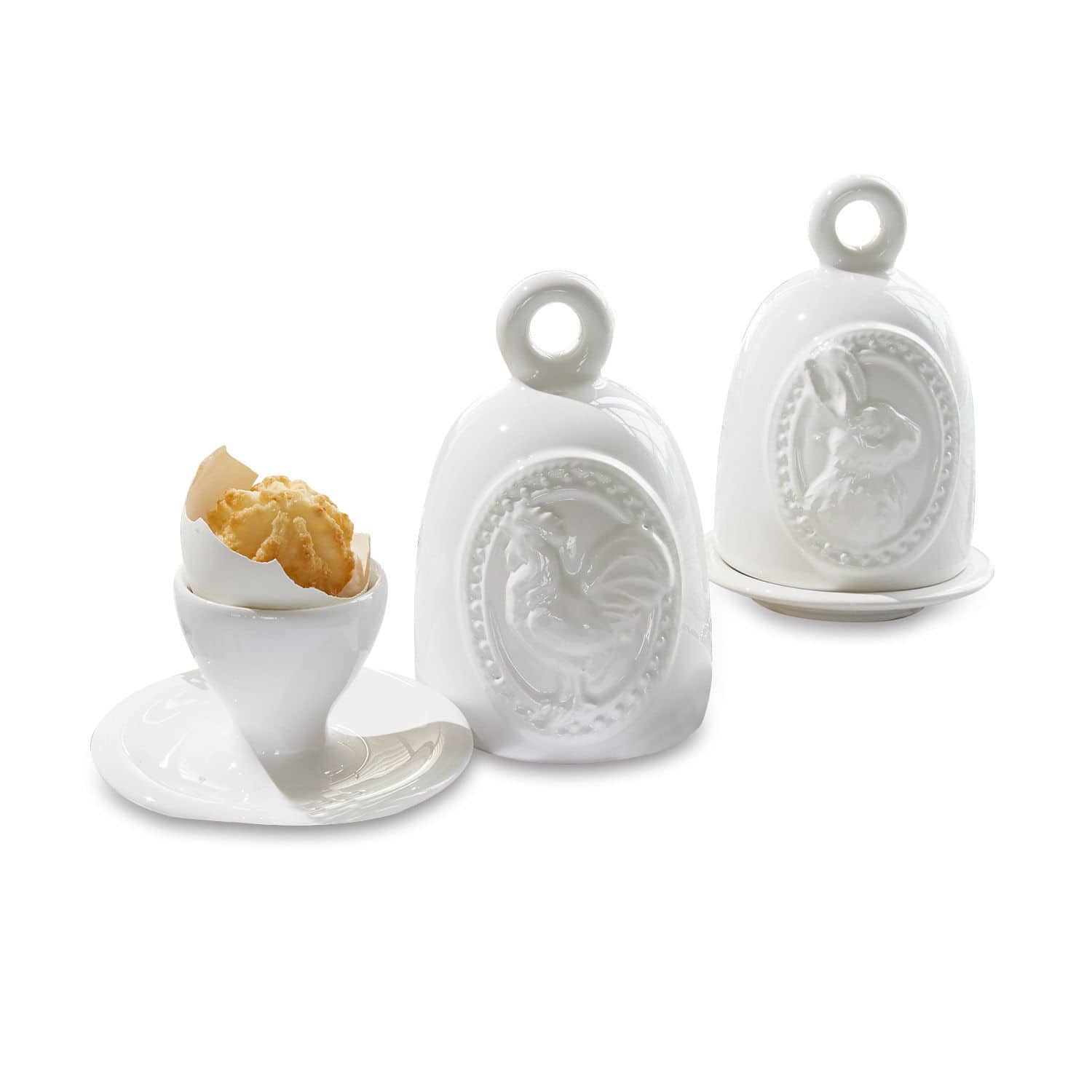 Lot de 2 coquetiers Celestyn Contenants en céramique blanche avec motifs de poulet et lapin, tasse avec biscuit sur assiette