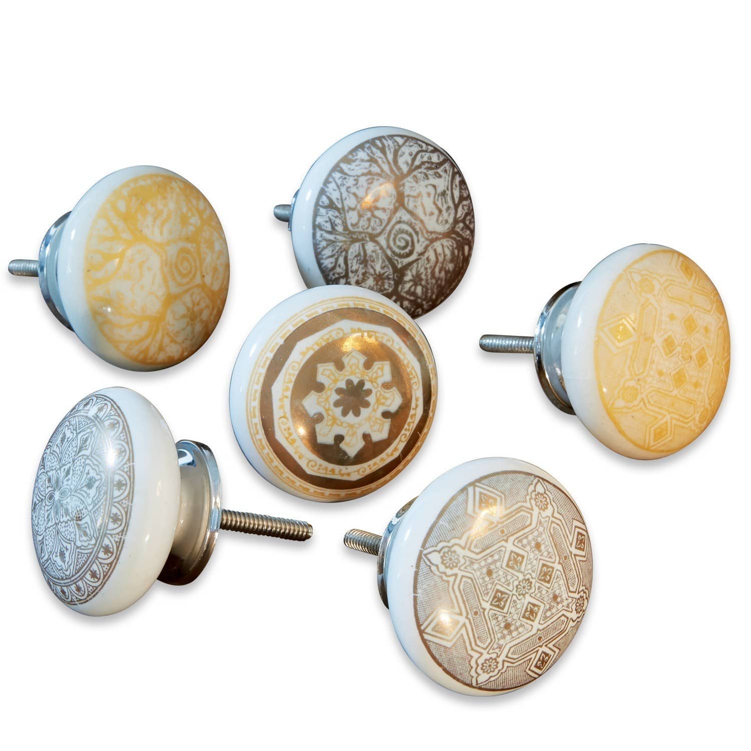 Lot de 6 boutons pour commode Tuffé Ensemble de six boutons de meuble en céramique avec vis métalliques, motifs beige et marron clair
