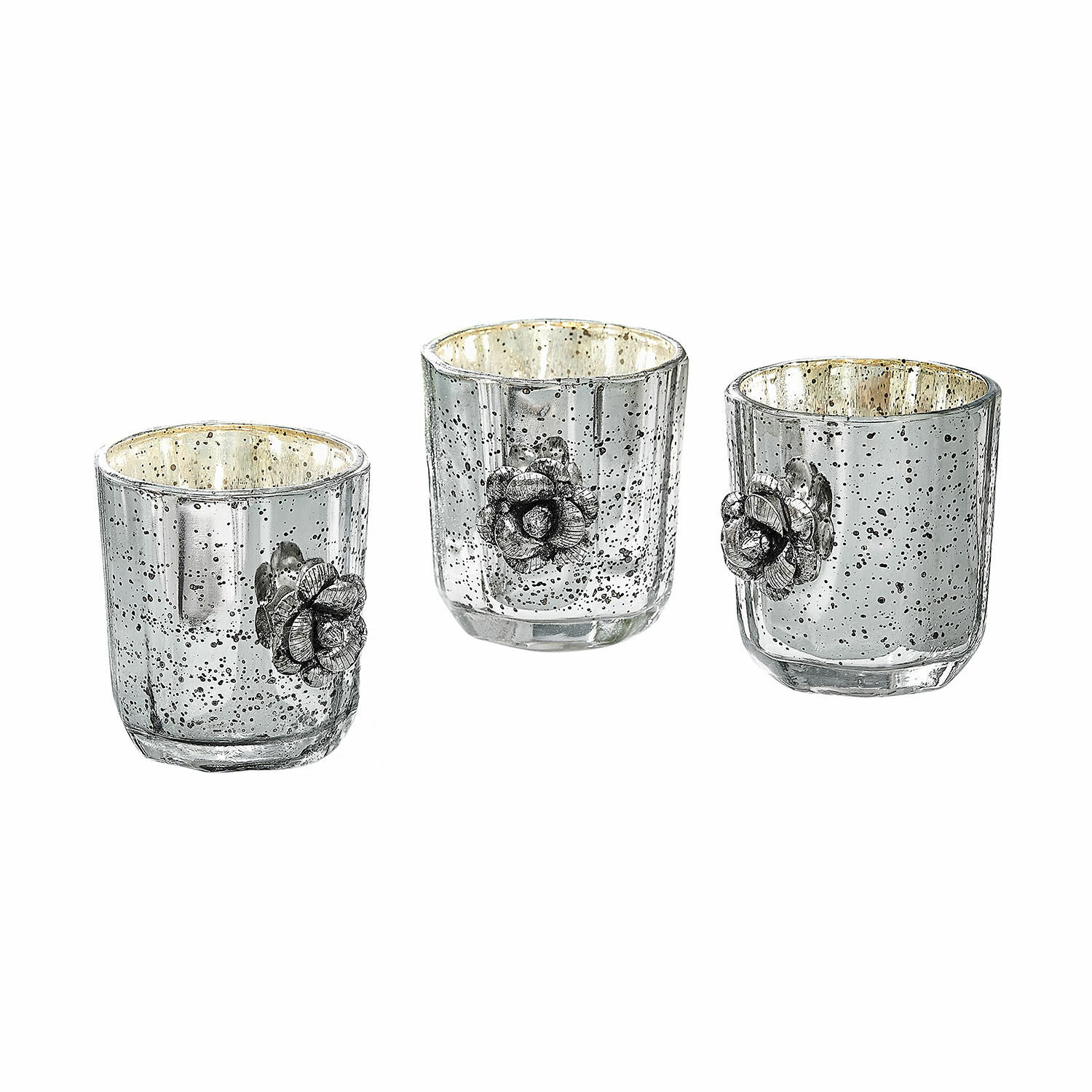 Lot de 3 photophores Alovix Ensemble de trois photophores en verre avec décoration florale et finition argentée pour décoration intérieure