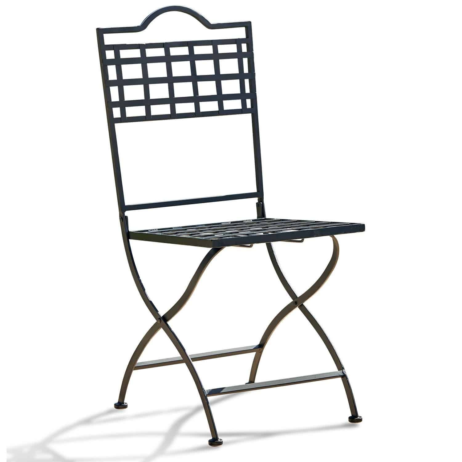 Chaise Terell Chaise de jardin noire en métal avec dossier et assise ajourés, mobilier extérieur robuste