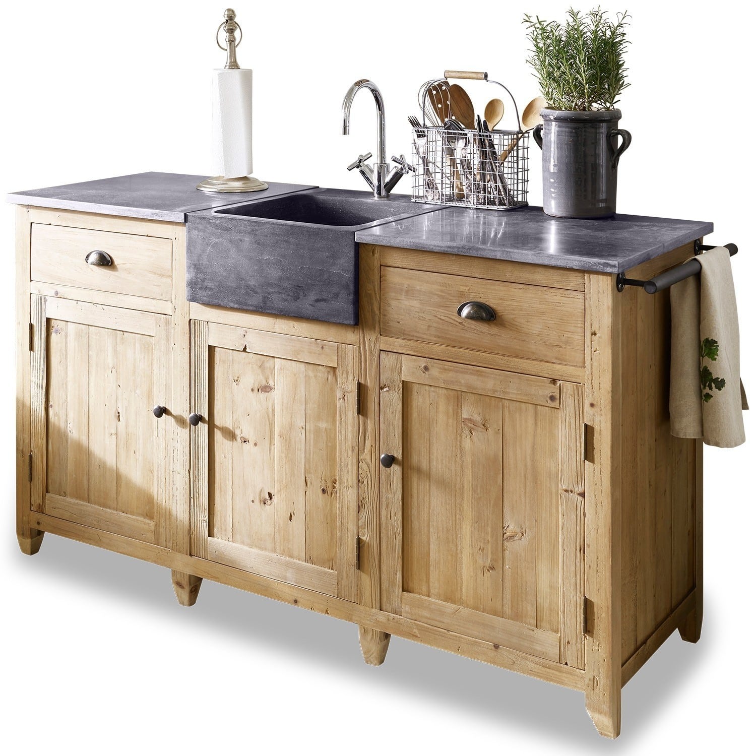 Meuble avec évier Deaton Cuisine en bois massif avec plan de travail en pierre grise et évier, meuble de cuisine pratique