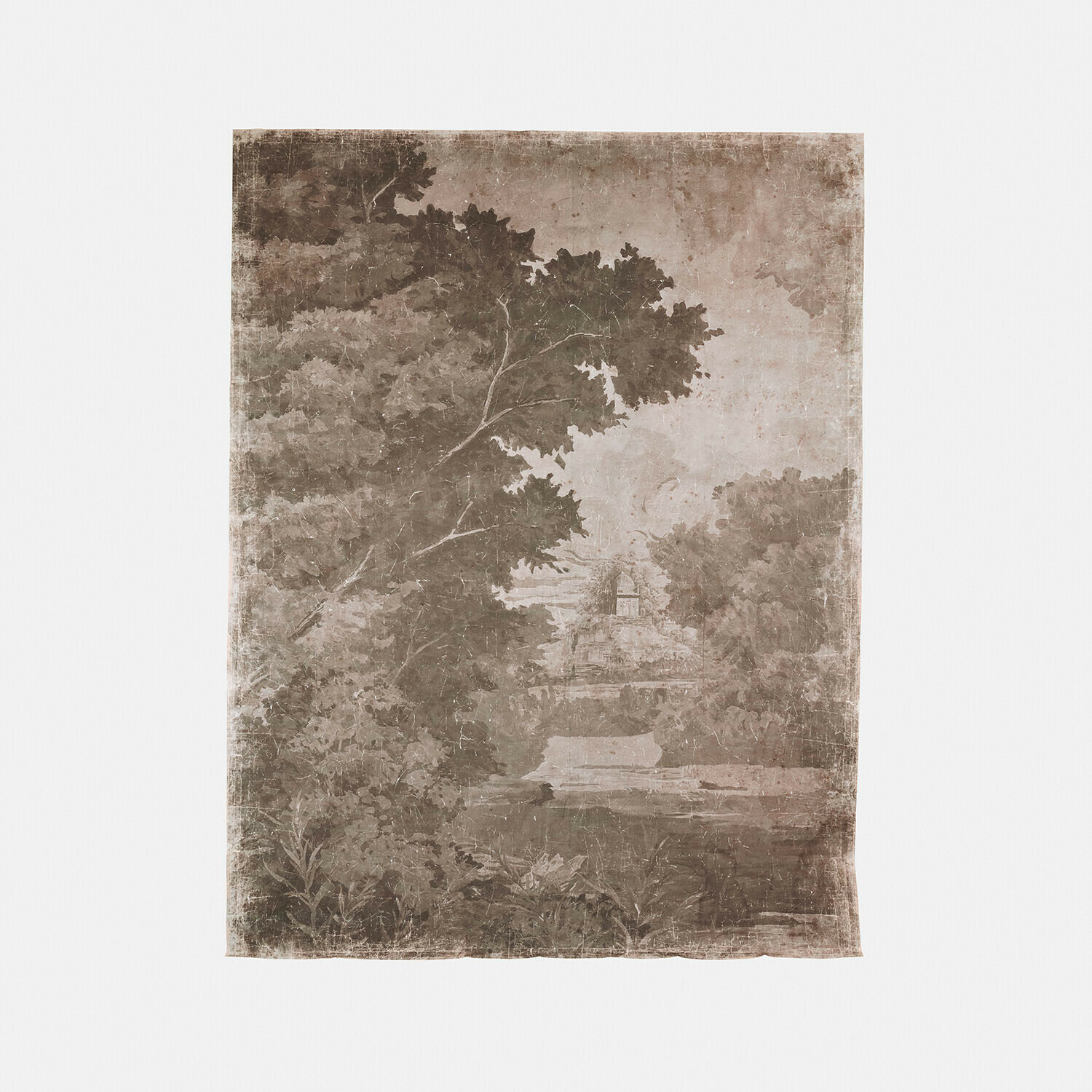 Papier peint panoramique Jarville Tableau mural avec paysage en tons bruns et verts, décoration murale vintage pour intérieur