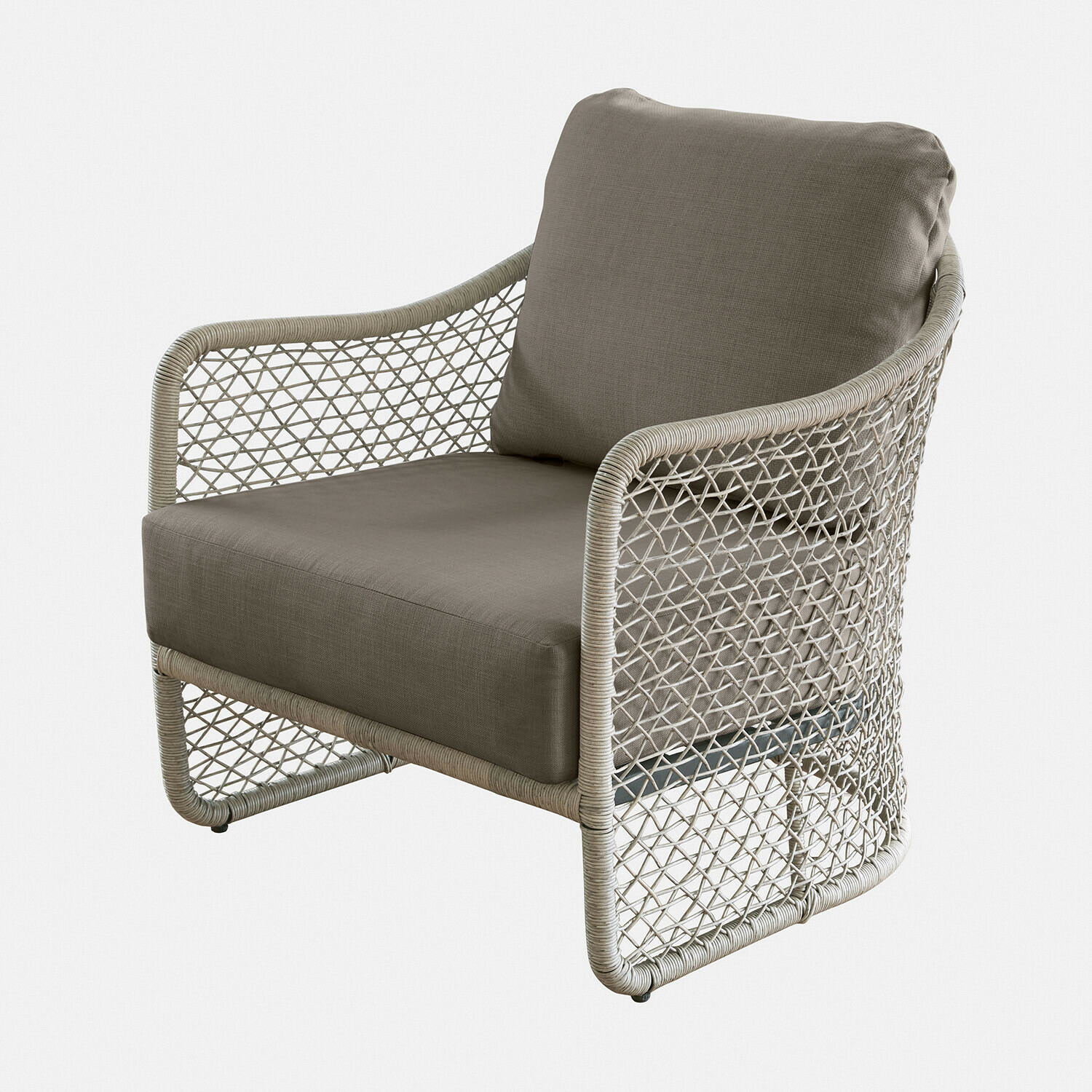 Fauteuil Langforda en tissu marron gris avec structure en osier, siège confortable pour salon