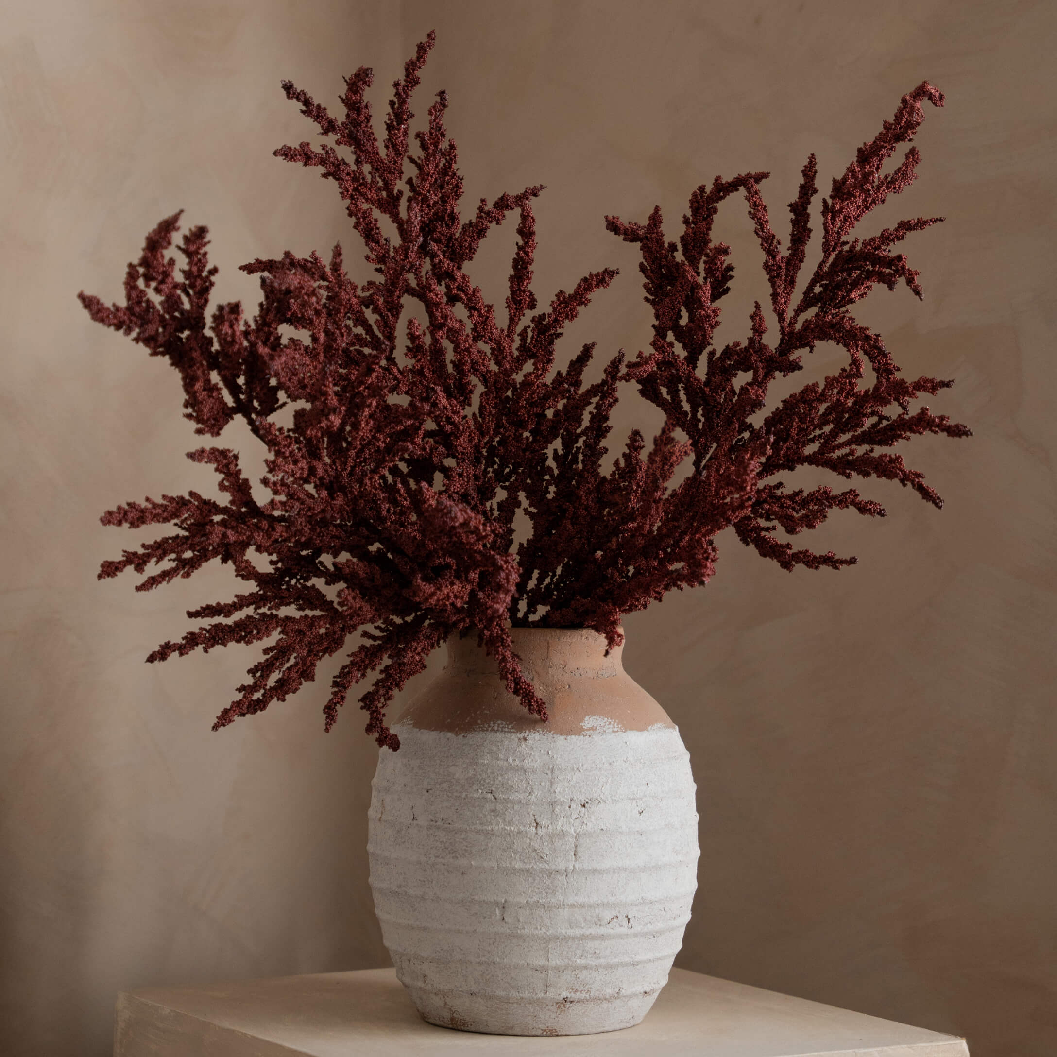 Vase en céramique blanc et marron avec décoration de fleurs séchées rouges pour intérieur