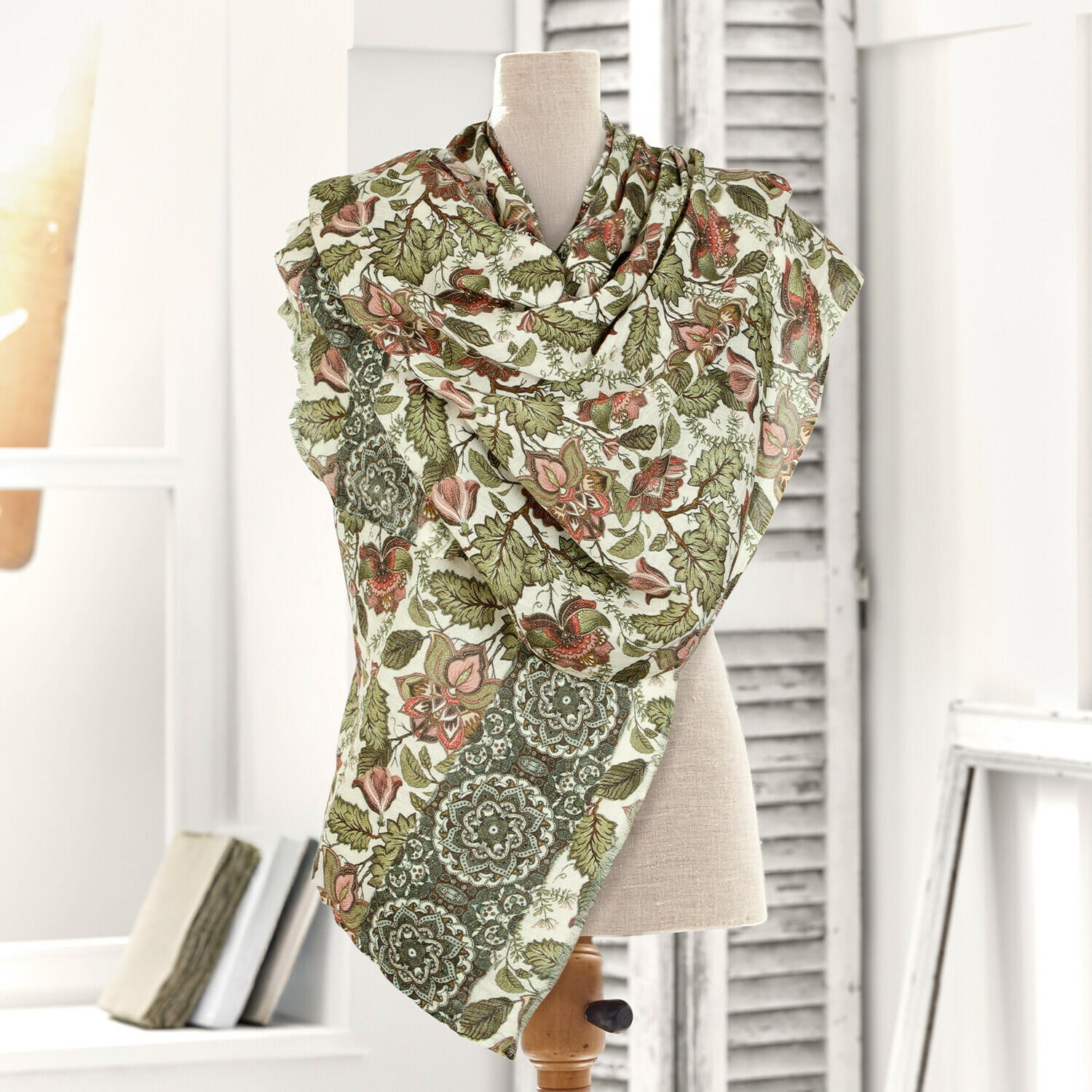 Étole Presquer Écharpe en coton à motif floral vert et rose, accessoire léger et décoratif pour la garde-robe
