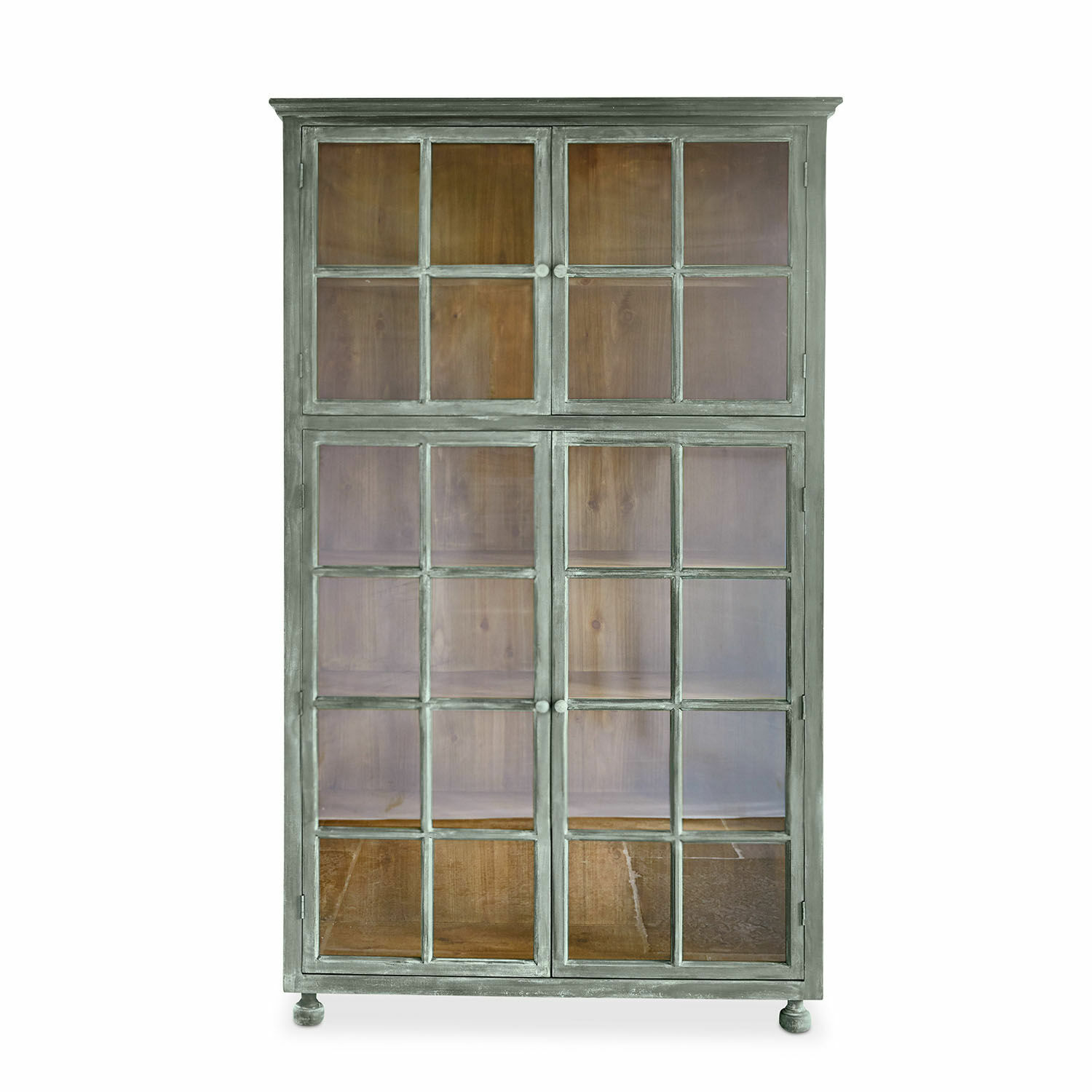 vert vieilli Armoire Bellac en bois vert antique avec portes vitrées et étagères pour rangement élégant