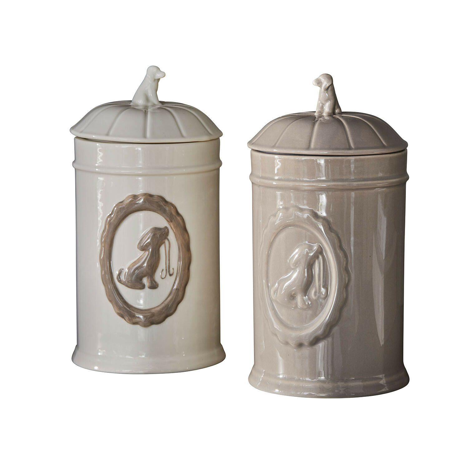 Lot de 2 pots Ruunja Boîtes en céramique crème et beige avec motif chien pour friandises pour chiens