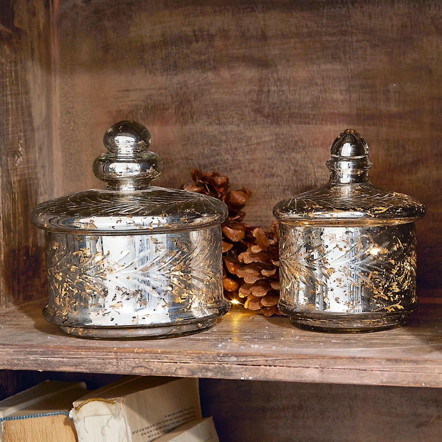 Lot de 2 pots en verre Elexa Deux bocaux en verre avec couvercles et décor doré sur une étagère en bois avec pommes de pin