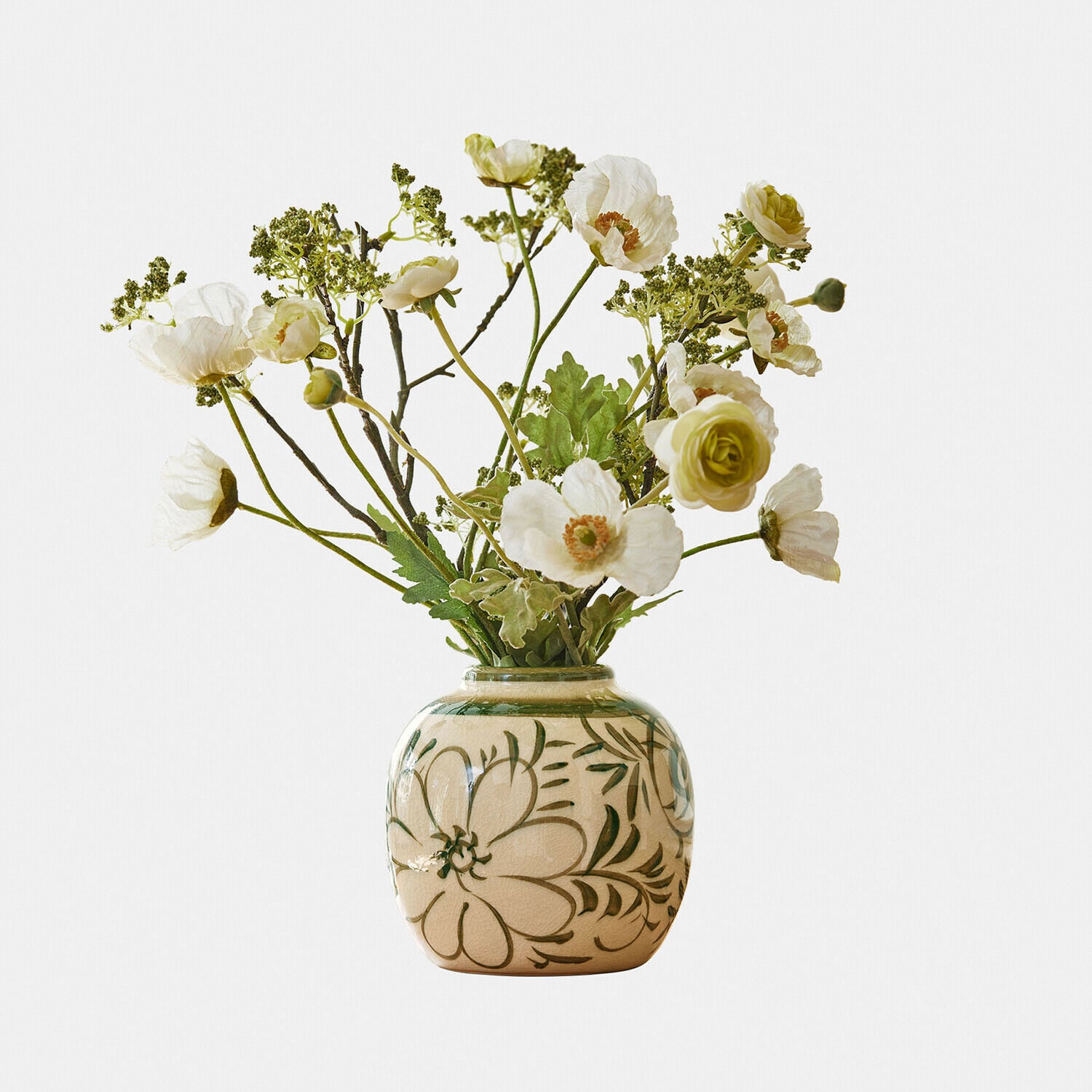 Vase Avignonel Vase en céramique beige avec motifs floraux verts et fleurs blanches et vertes décoratives