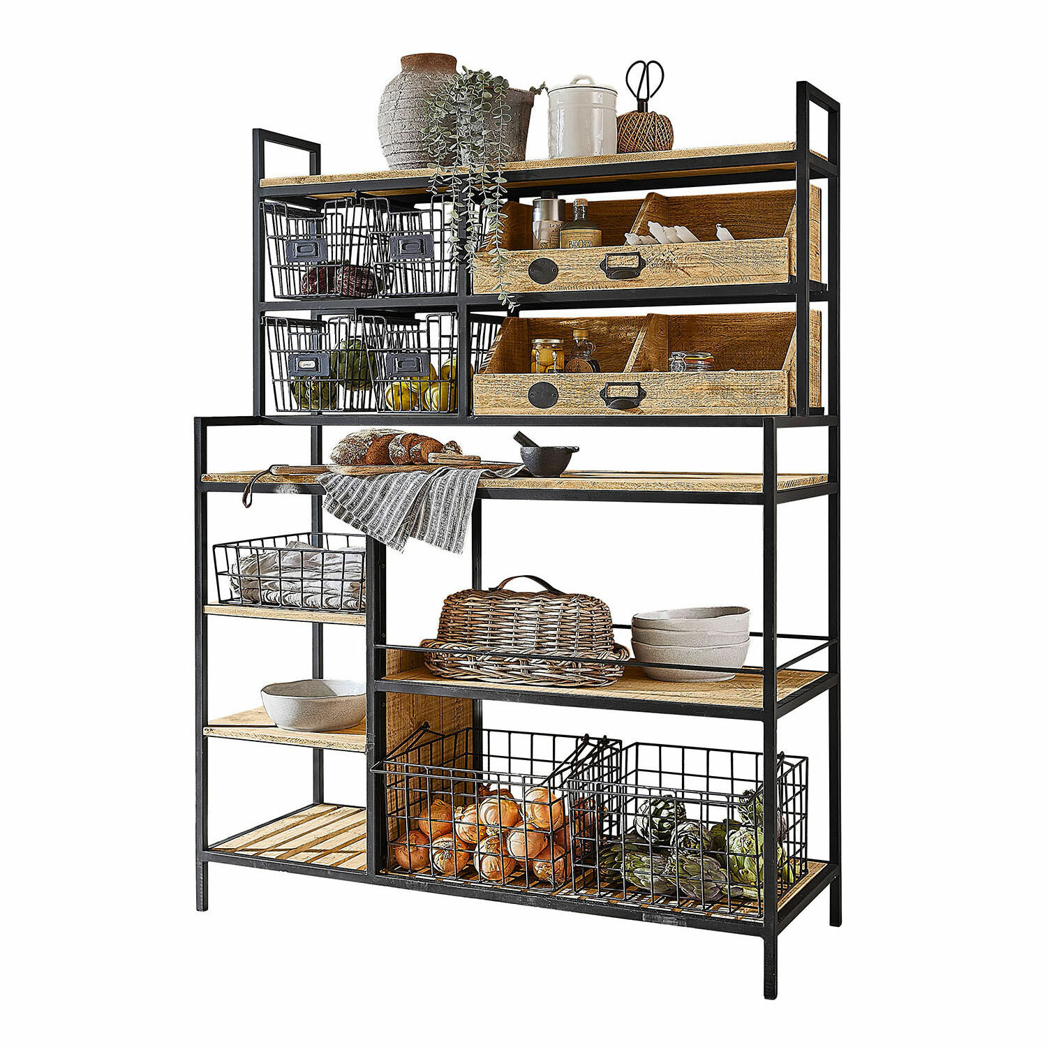 Étagère Greenbriar Étagère en métal et bois avec paniers et boîtes de rangement pour cuisine ou garde-manger