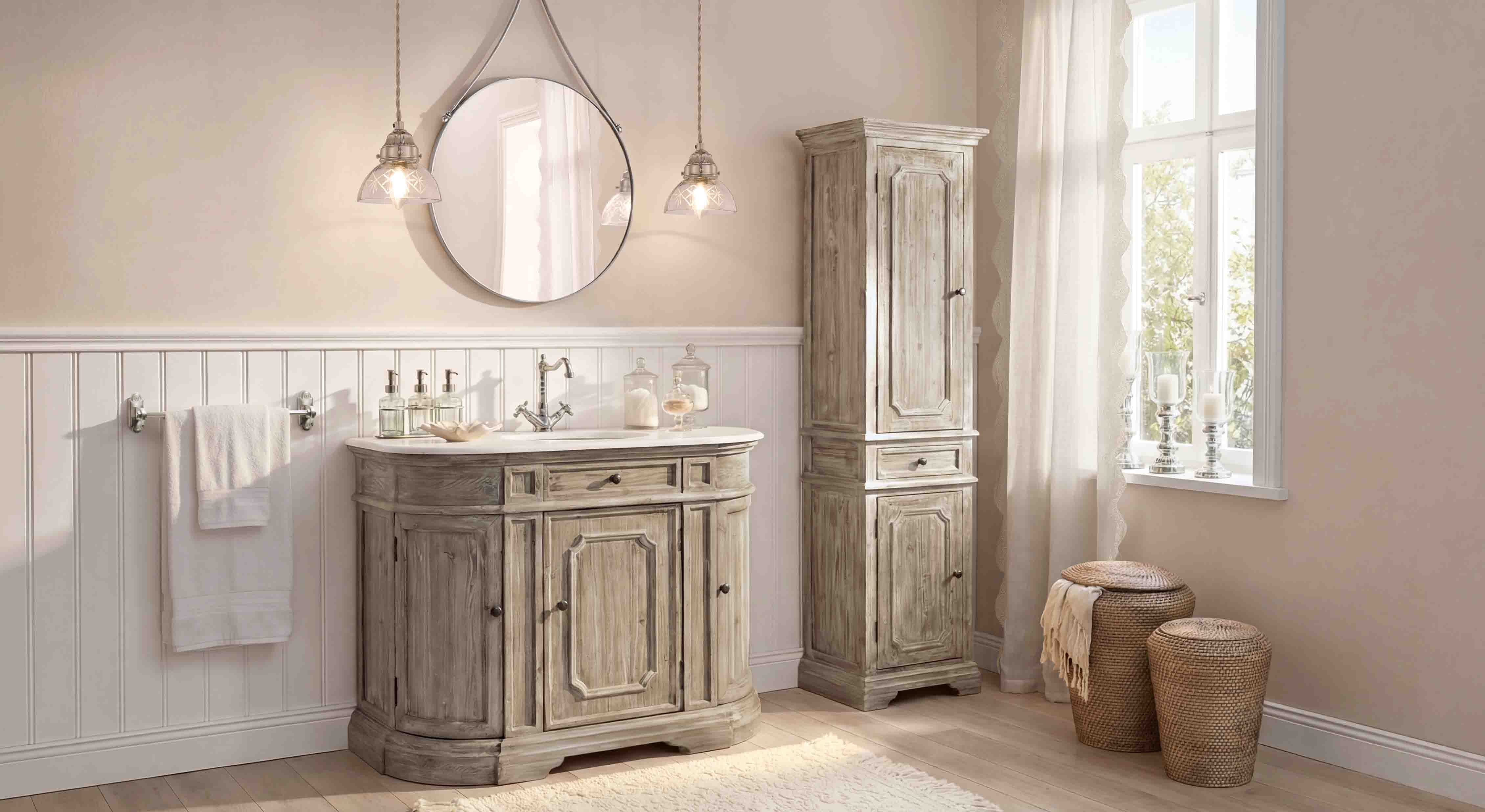 Meuble de salle de bain et armoire haute en bois gris style vintage avec miroir rond et éclairage suspendu