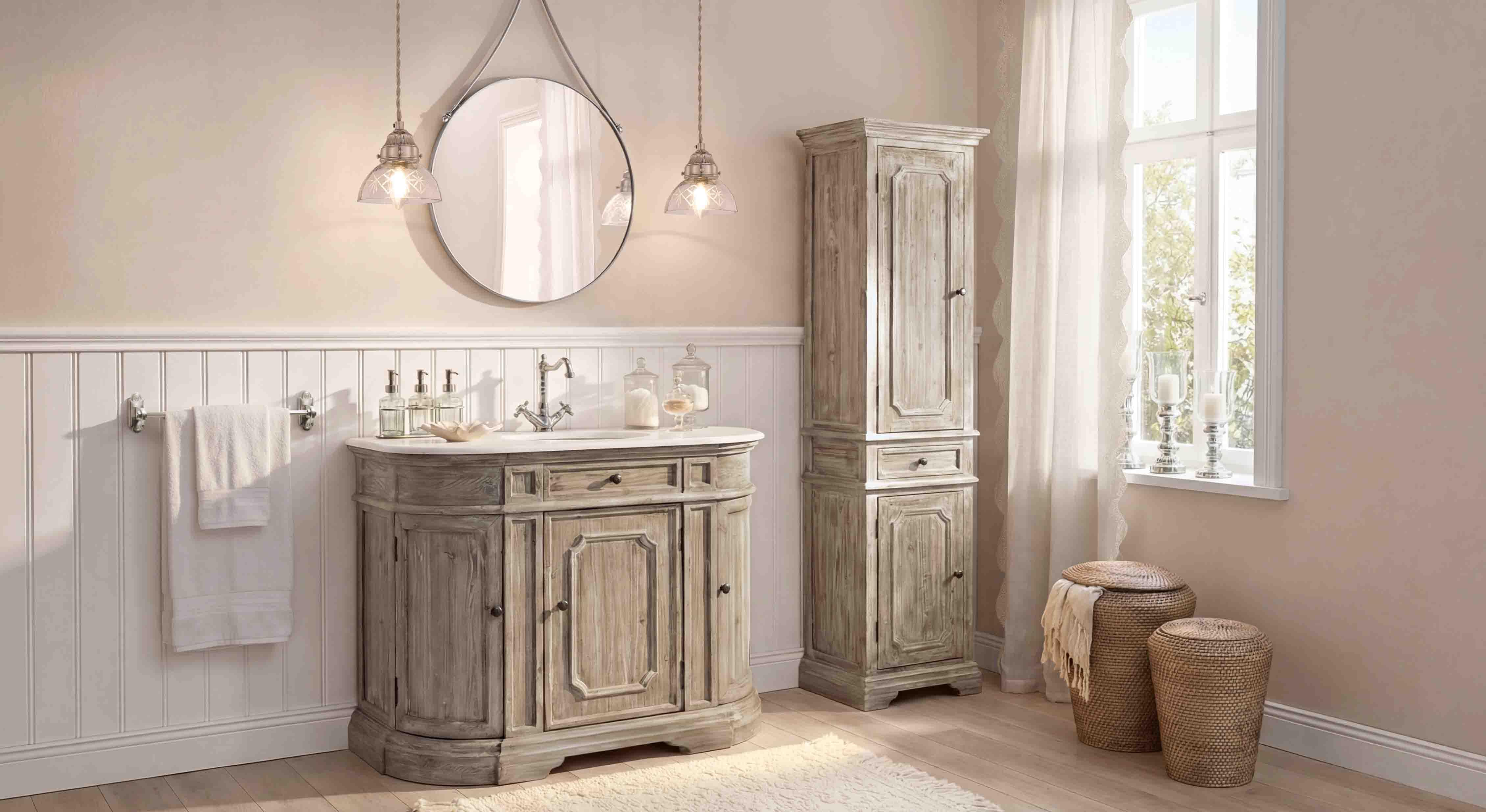 Meuble de salle de bain et armoire haute en bois gris style vintage avec miroir rond et éclairage suspendu