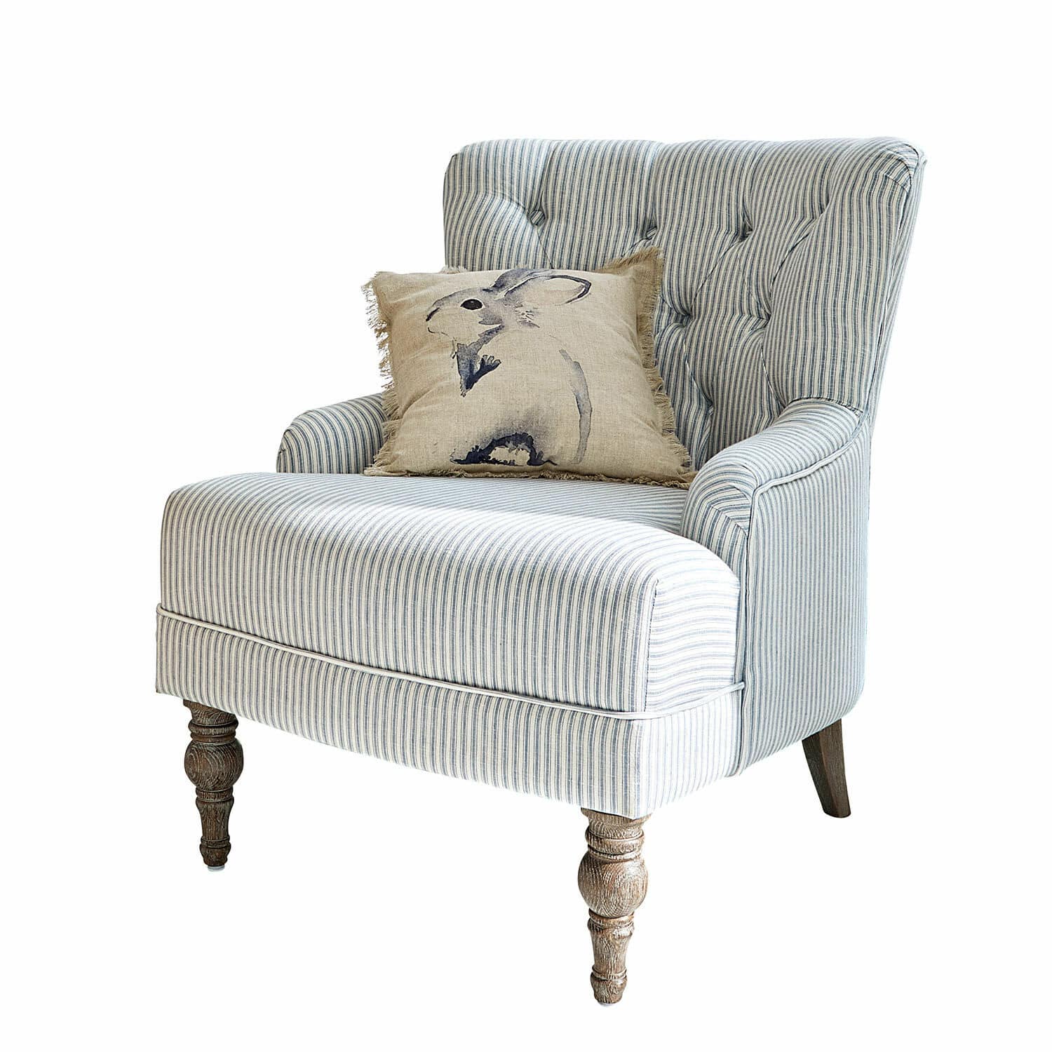 Fauteuil Amuran Fauteuil rayé avec dossier capitonné et coussin décoratif à motif lapin, pieds en bois sculpté