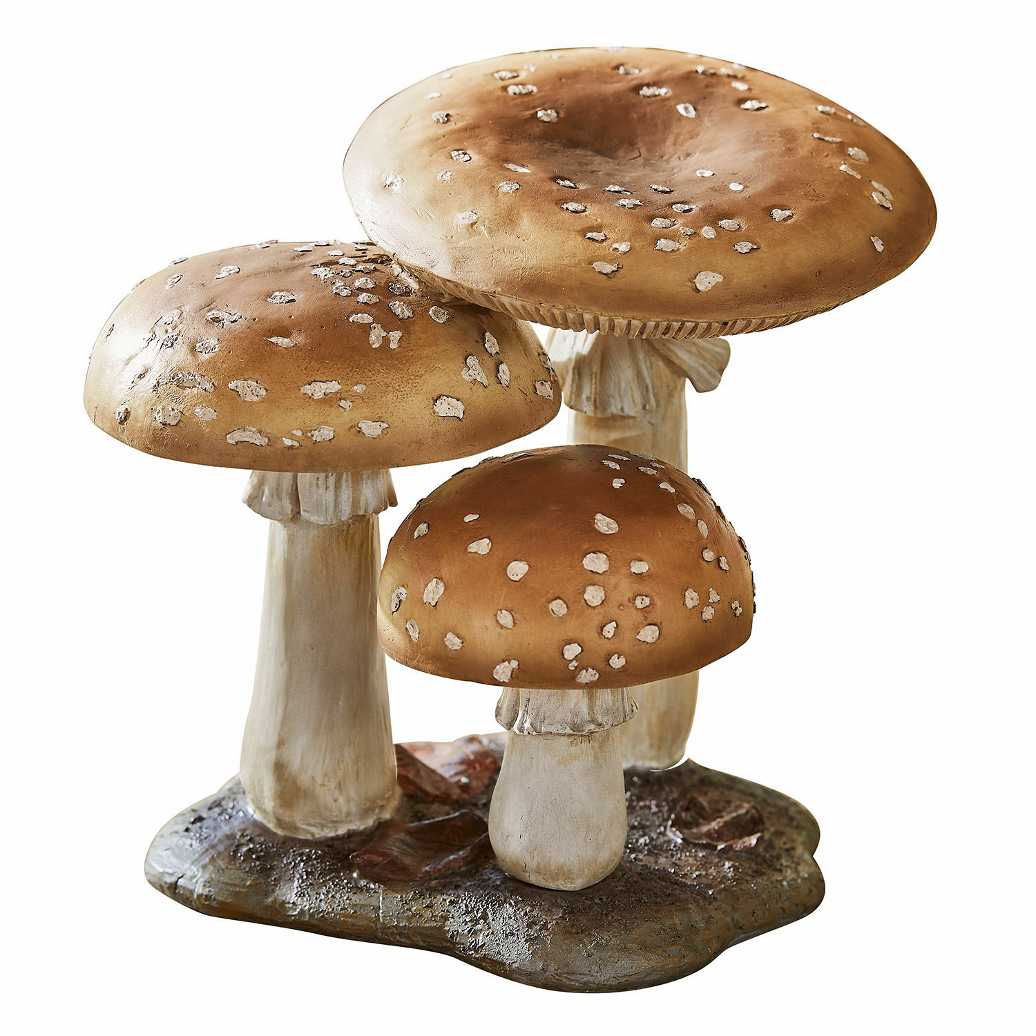 Champignons décoratifs Harvelle Décoration de trois champignons marron avec taches blanches sur socle imitant la terre, objet décoratif