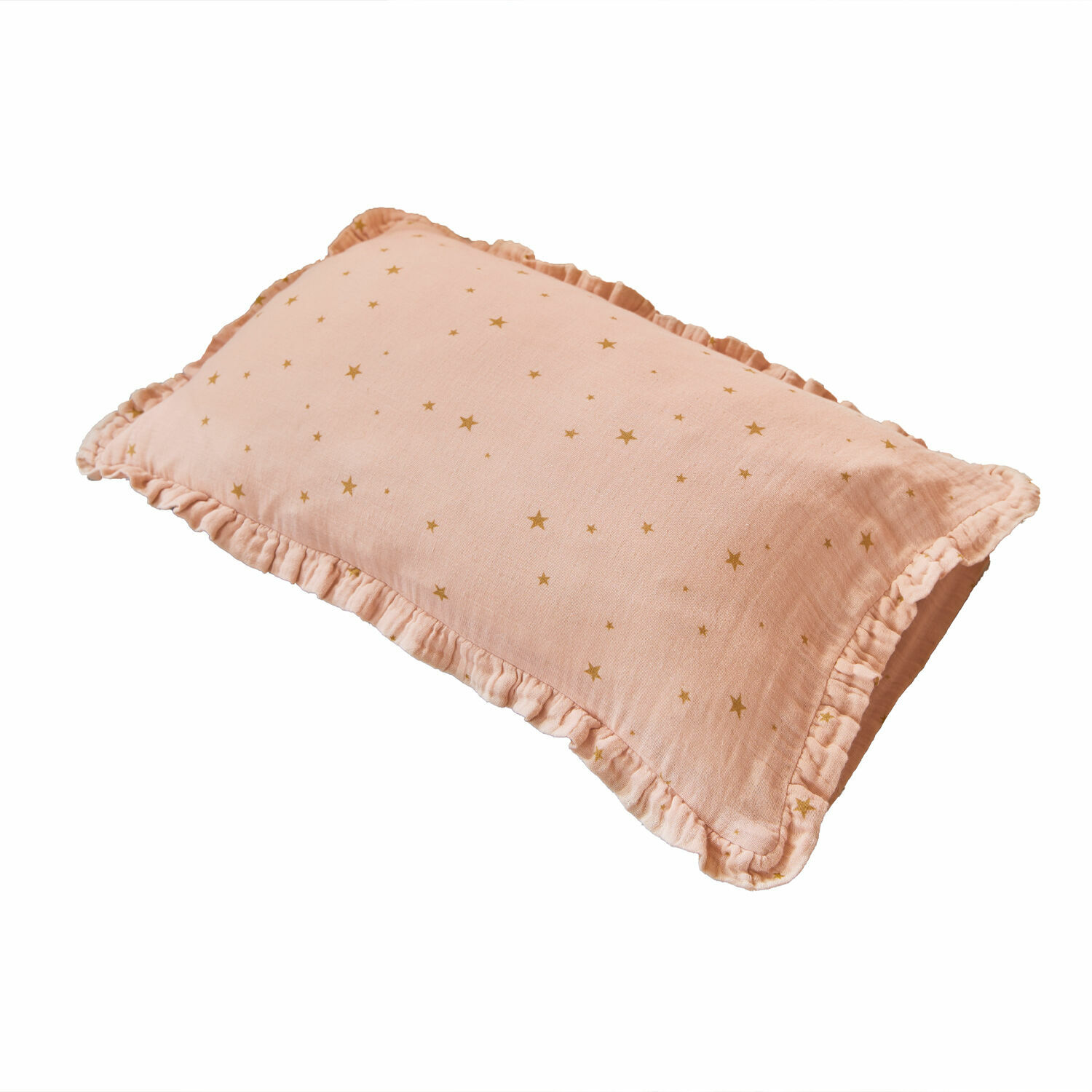 Housse de coussin Vianne Coussin rose en coton avec volants et étoiles dorées, décoration douce pour salon ou chambre