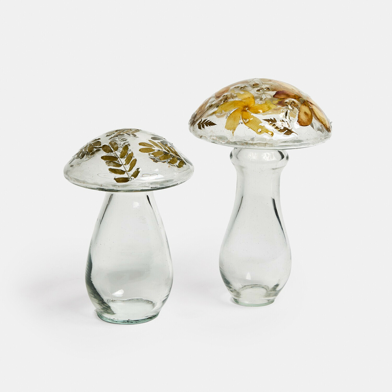 Lot de 2 champignons décoratifs Émurise Décorations en verre en forme de champignons avec feuilles et fleurs séchées incluses, transparentes