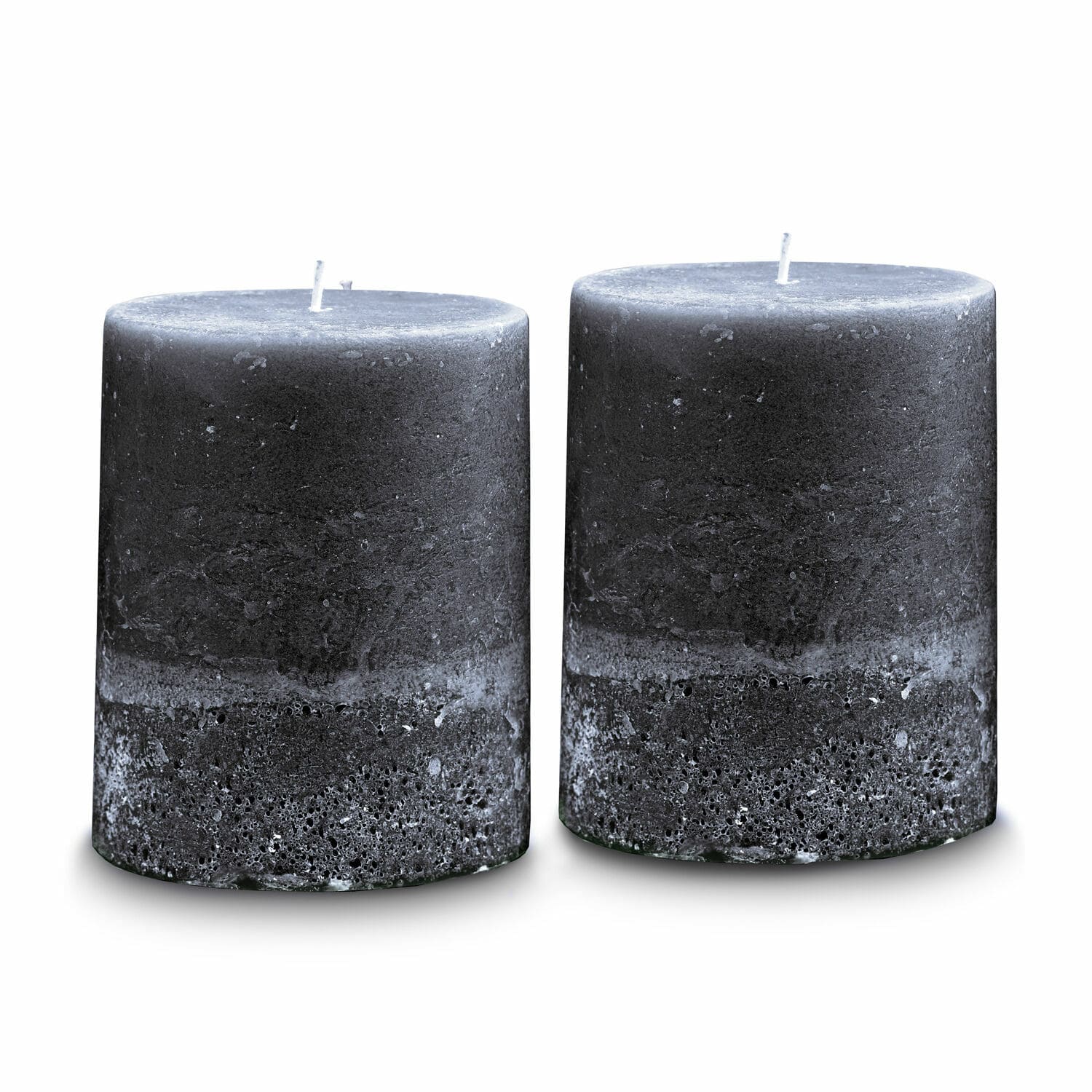Lot de 2 bougies Oviedo Deux bougies noires en cire avec texture rustique, parfaites pour la décoration intérieure