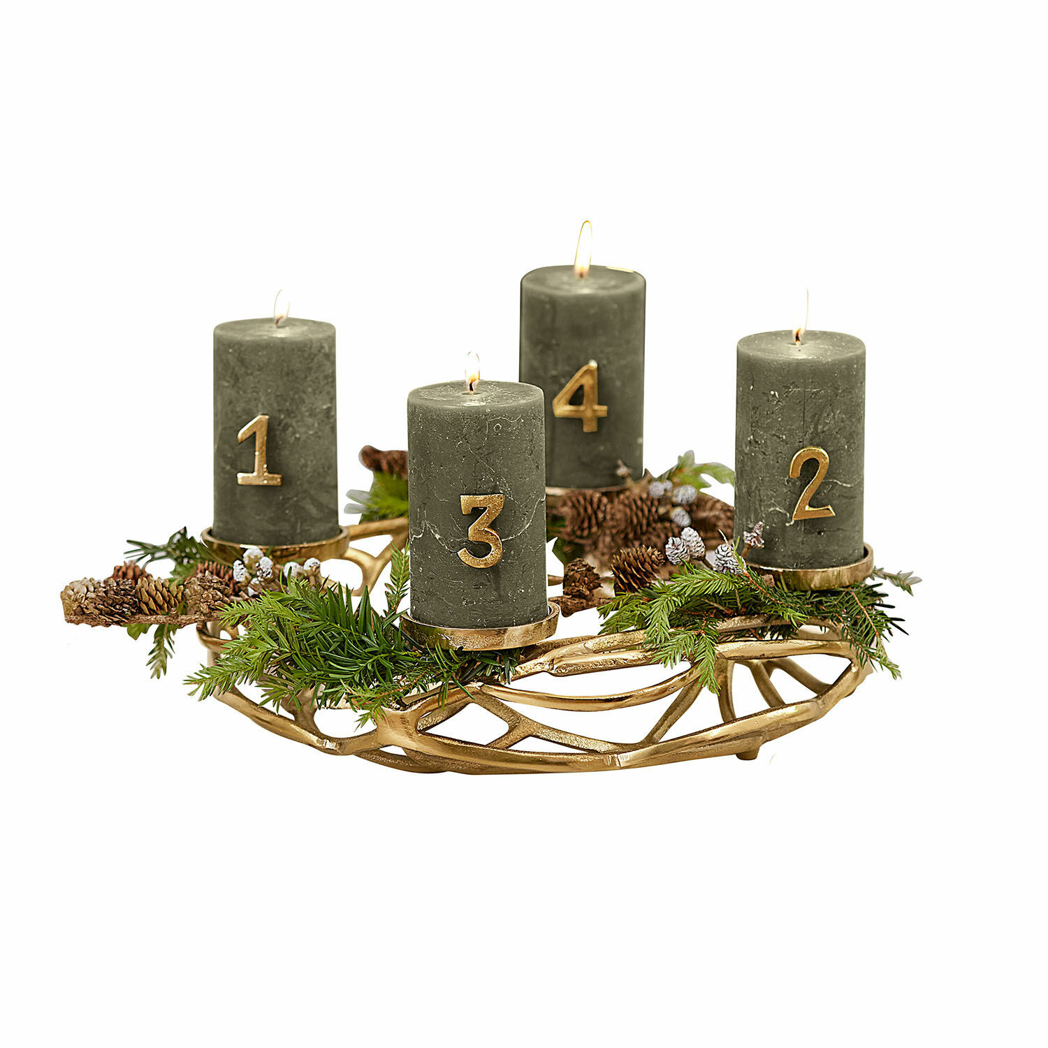 Couronne à bougies Coldfield Couronne de l'Avent verte avec quatre bougies numérotées et décorations de pommes de pin et branches