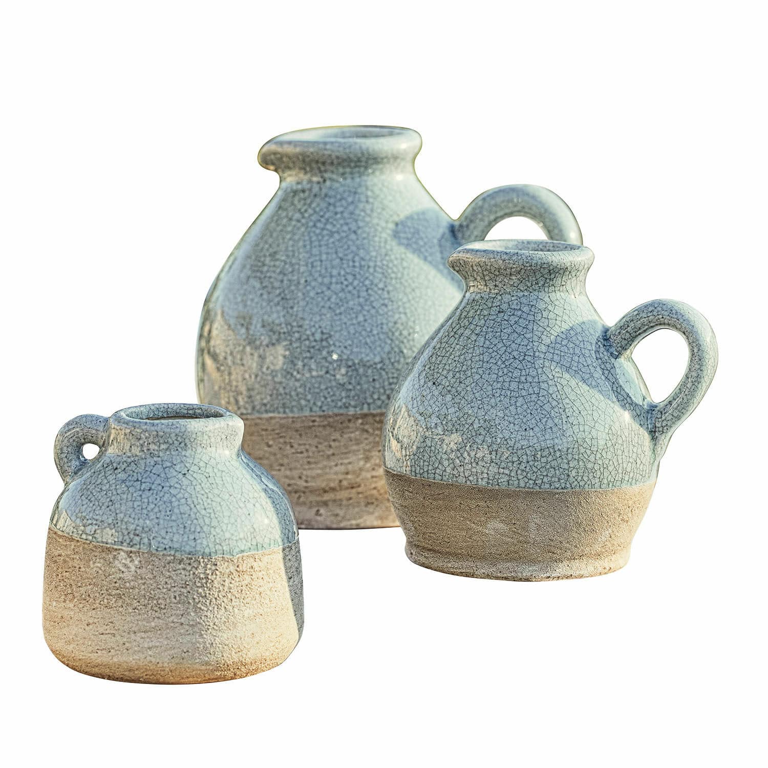 Lot de 3 vases Lezíria Ensemble de trois vases en céramique bleu et beige avec effet craquelé, décoration intérieure élégante