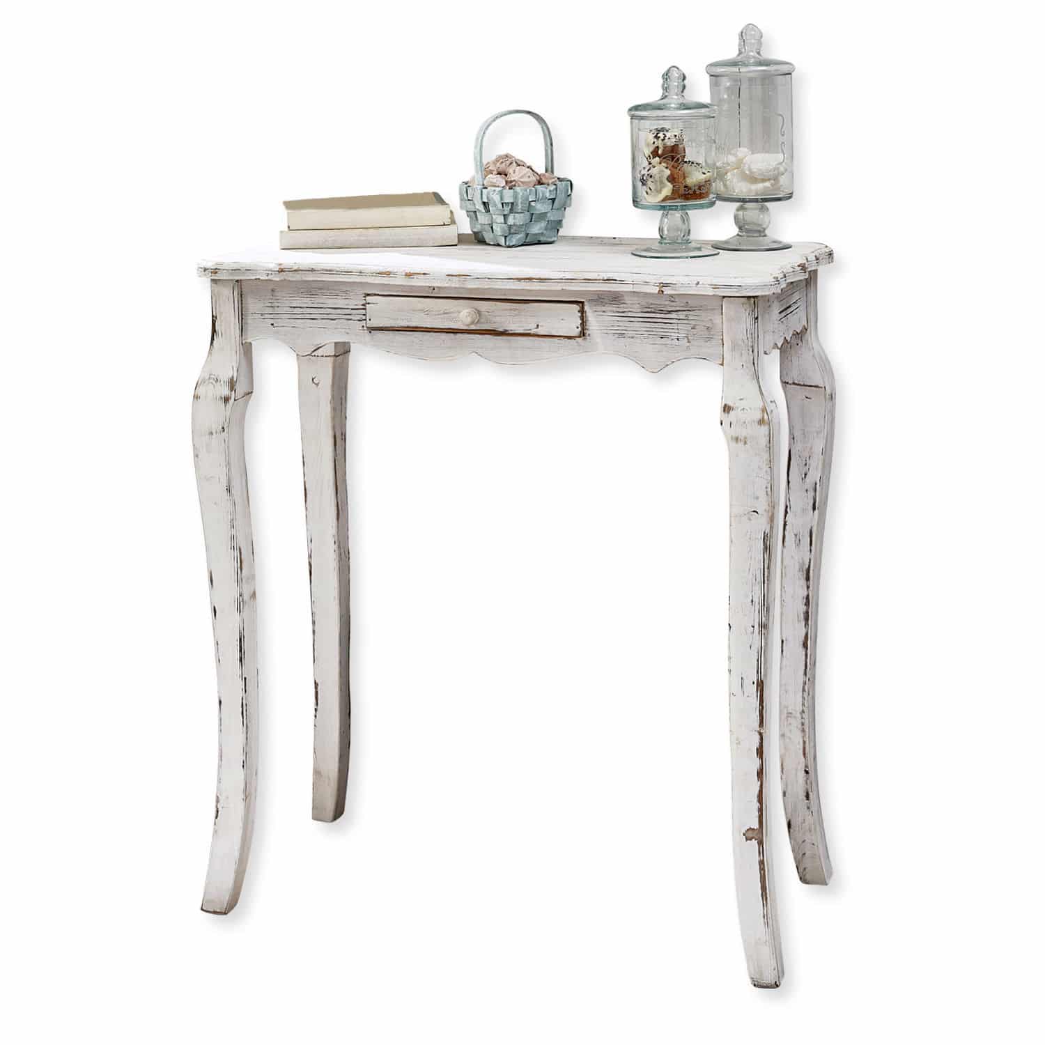 Console Barbey Console en bois blanc style vintage avec tiroir, décorée de livres et bocaux en verre sur le dessus