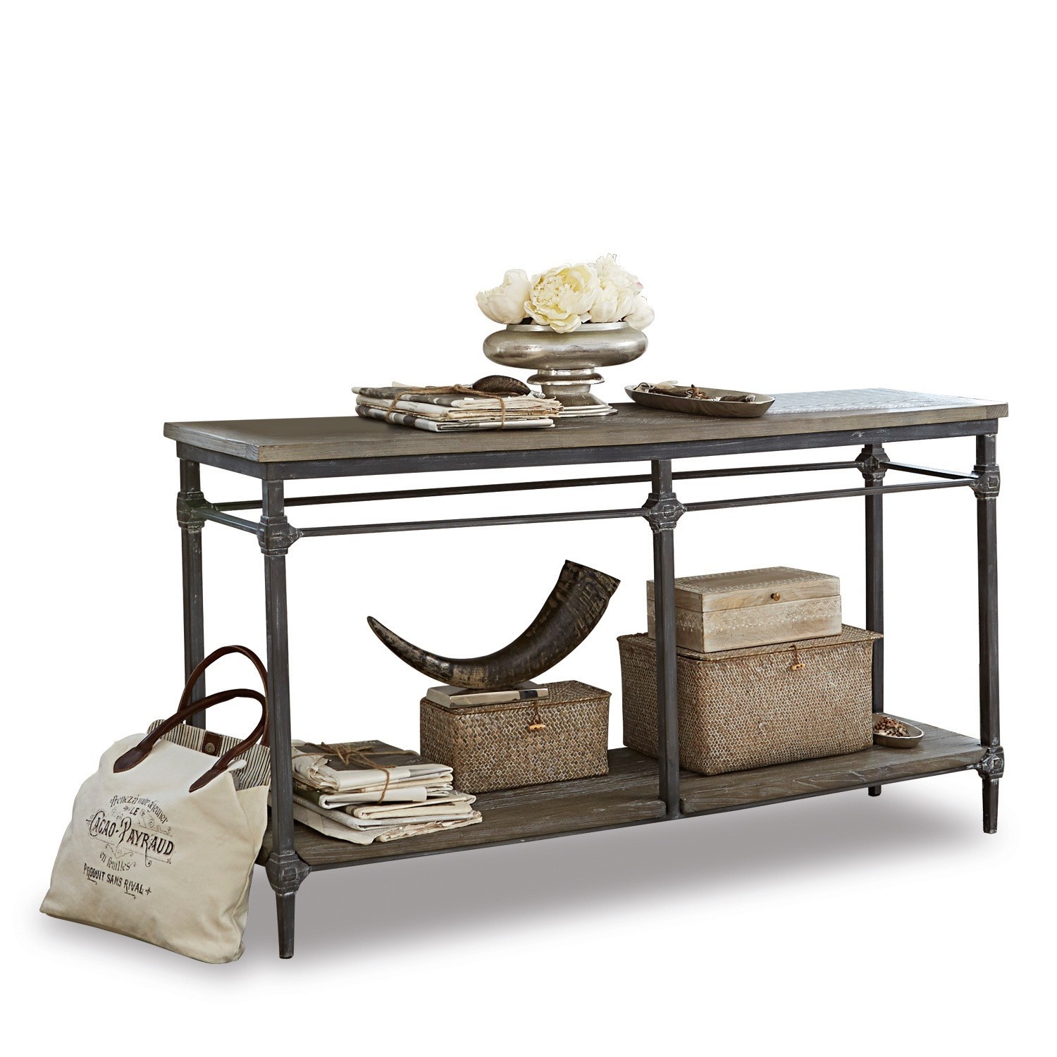 Console Caspian Table avec cadre en métal et plateau en bois gris, décorée avec des boîtes de rangement et accessoires