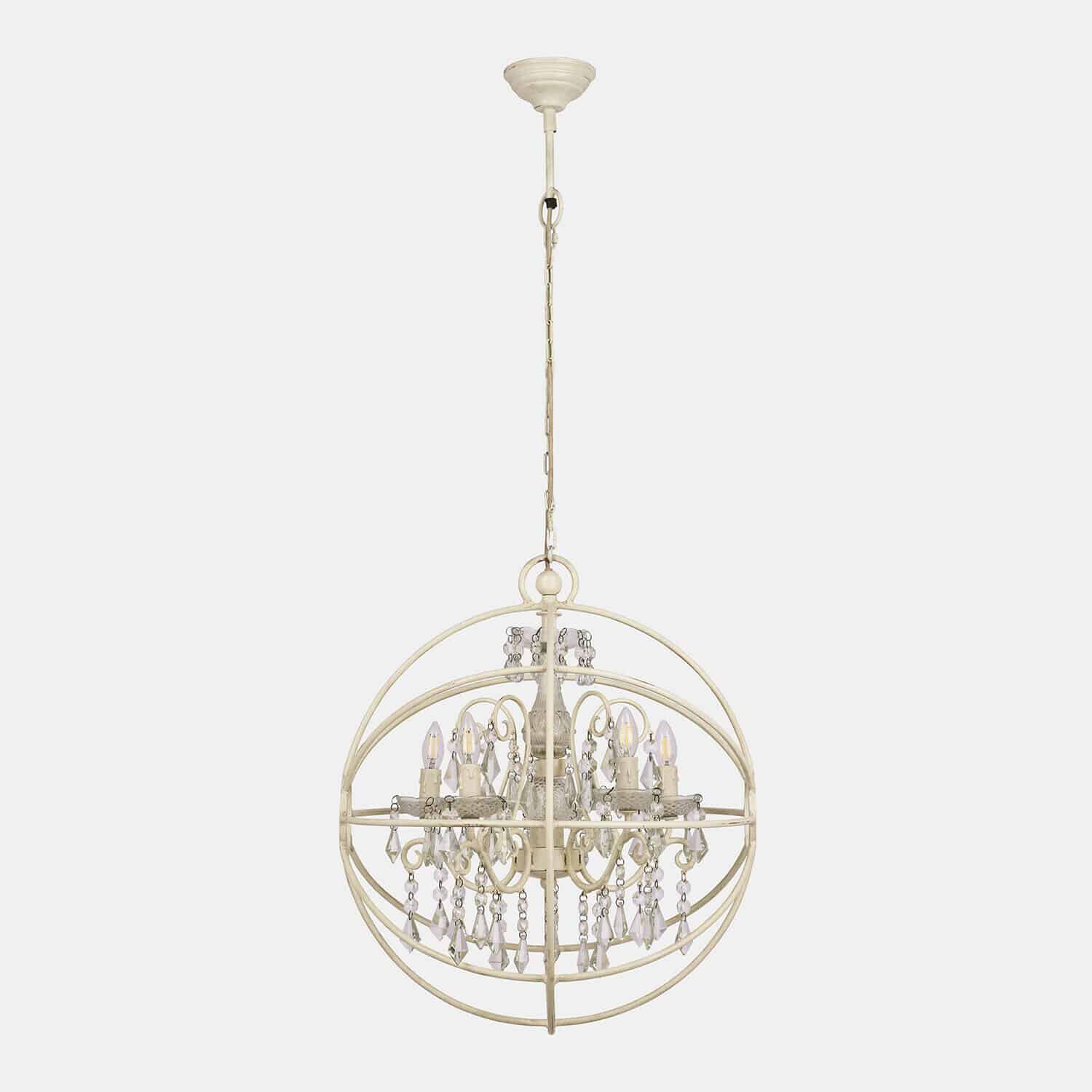 Lustre Élivienne Lustre sphérique en métal crème avec pampilles en cristal et ampoules LED décoratives