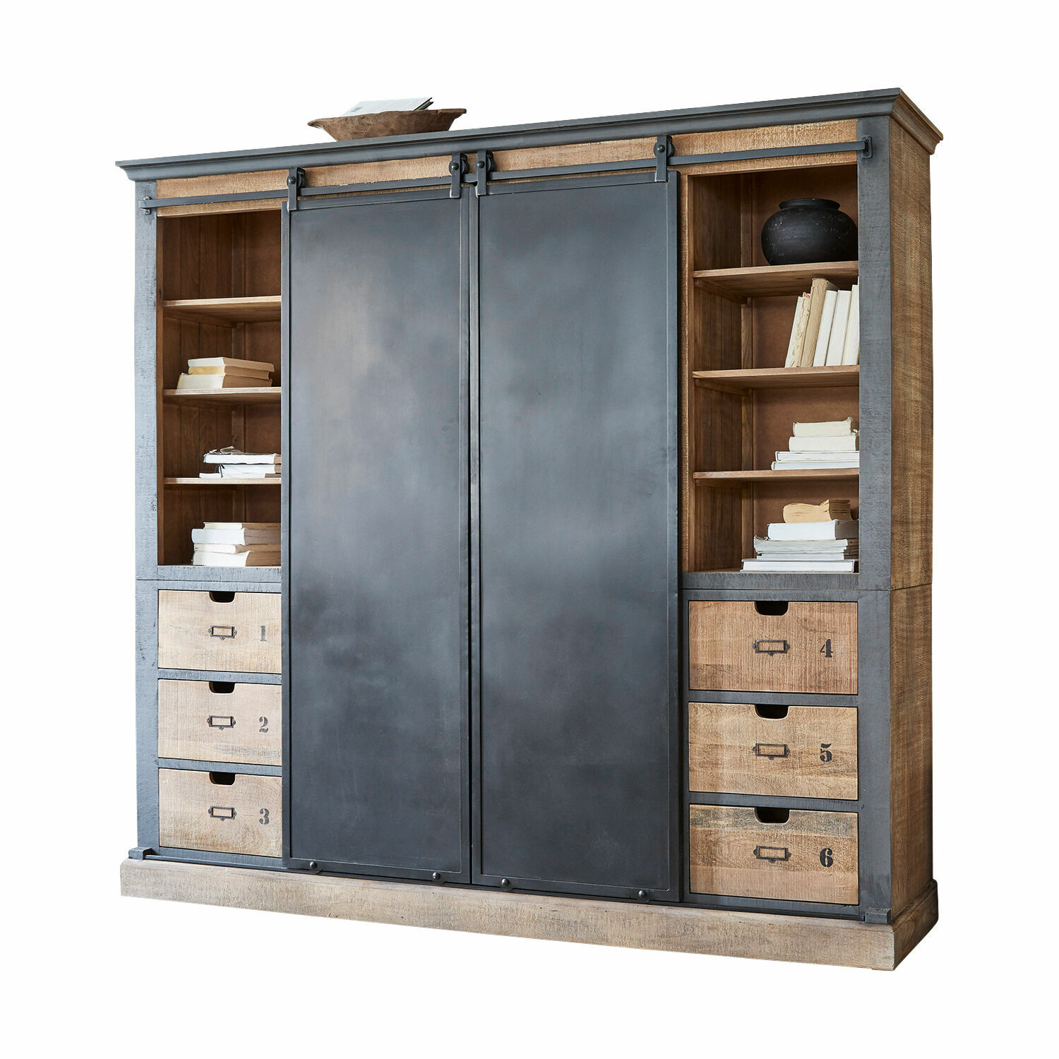Armoire Vulmont Grande armoire en bois et métal avec portes coulissantes et six tiroirs de rangement