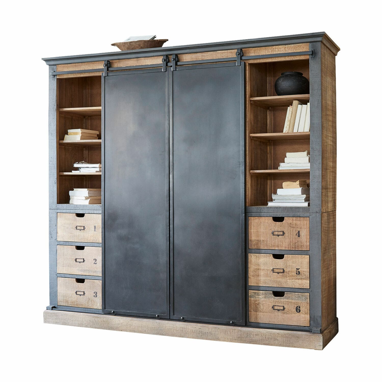 Armoire Vulmont Grande armoire en bois et métal avec portes coulissantes et six tiroirs de rangement