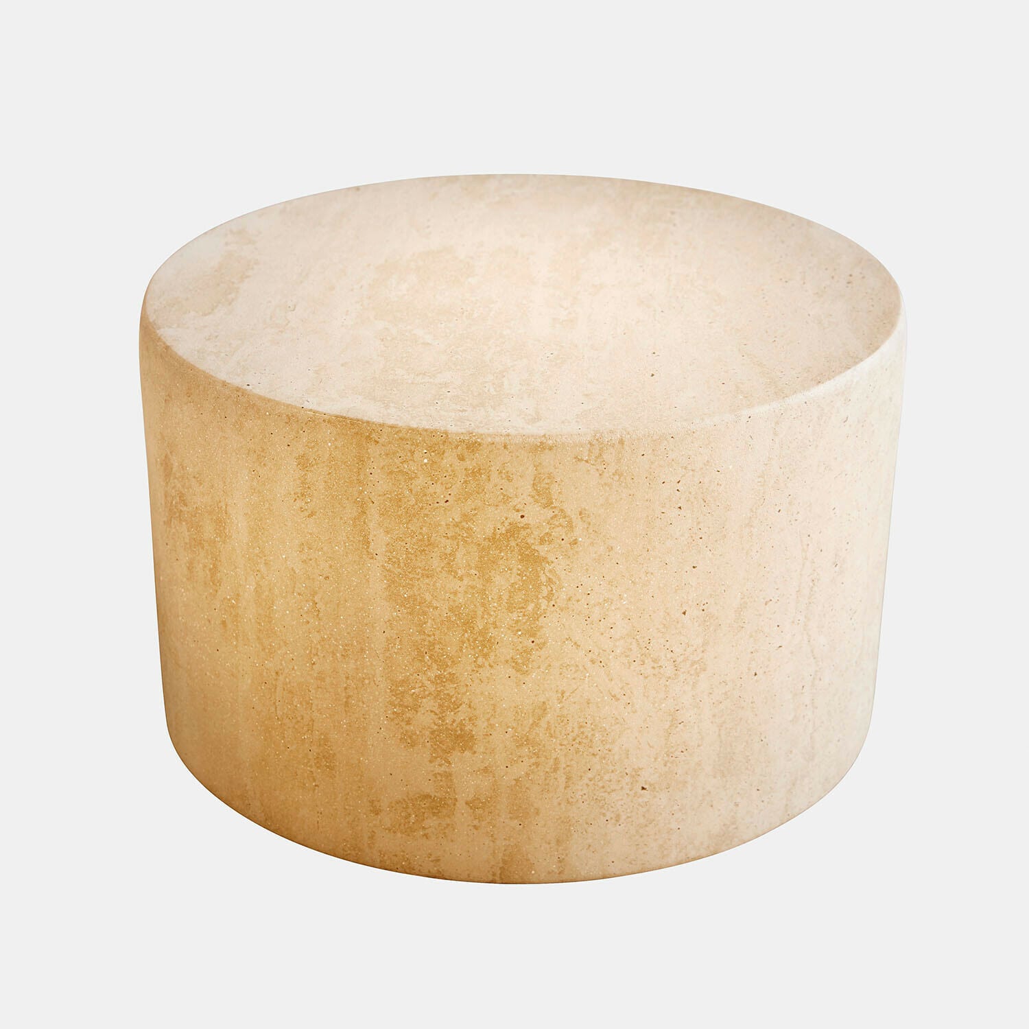 Table basse ronde en pierre claire avec texture naturelle, design minimaliste pour salon moderne