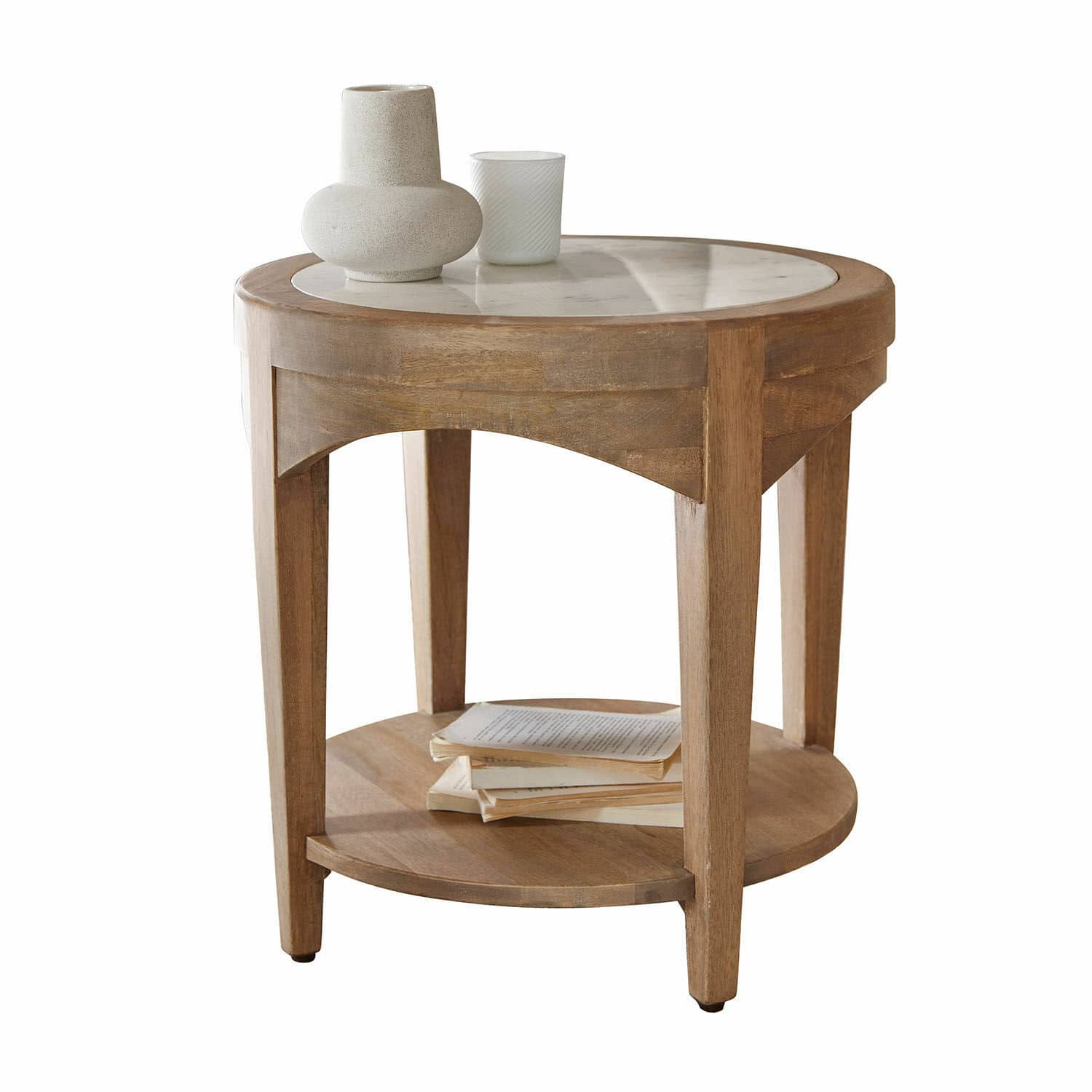 Table d’appoint Annabelle Table ronde en bois avec plateau en marbre naturel, décorée de livres et objets décoratifs