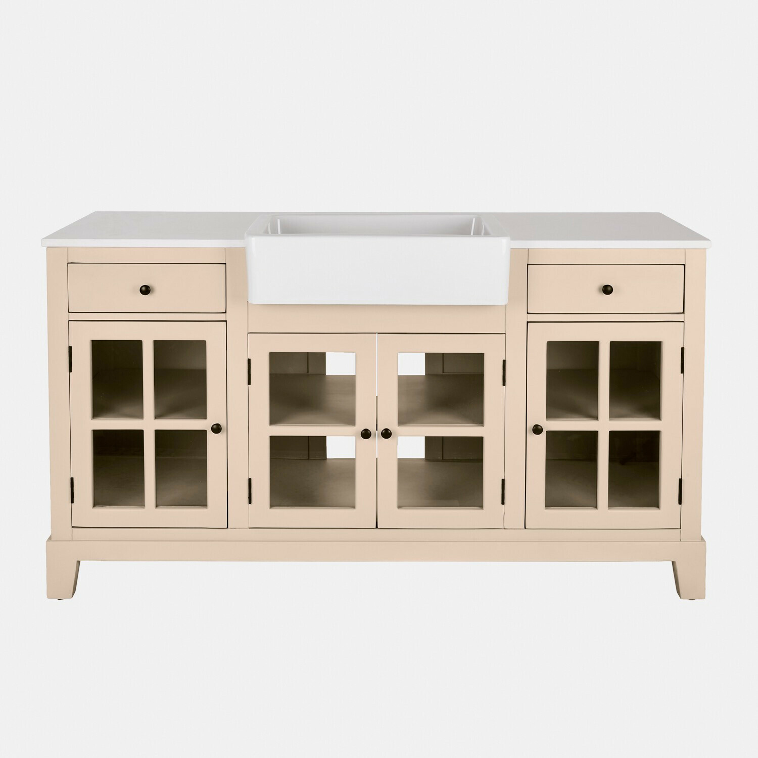 Meuble avec évier Domérise Buffet beige avec évier en céramique blanc et portes vitrées en bois pour cuisine élégante
