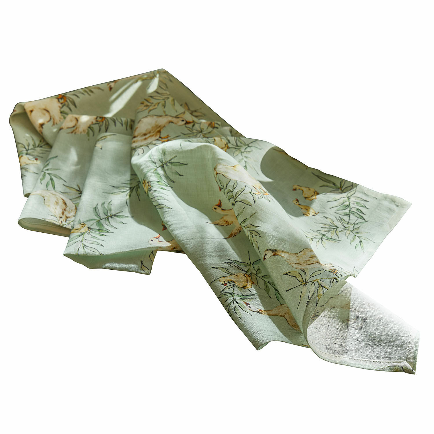 Lot de 4 serviettes de table Gubbio Nappe en lin vert avec motif canards et feuilles, décoration de table naturelle