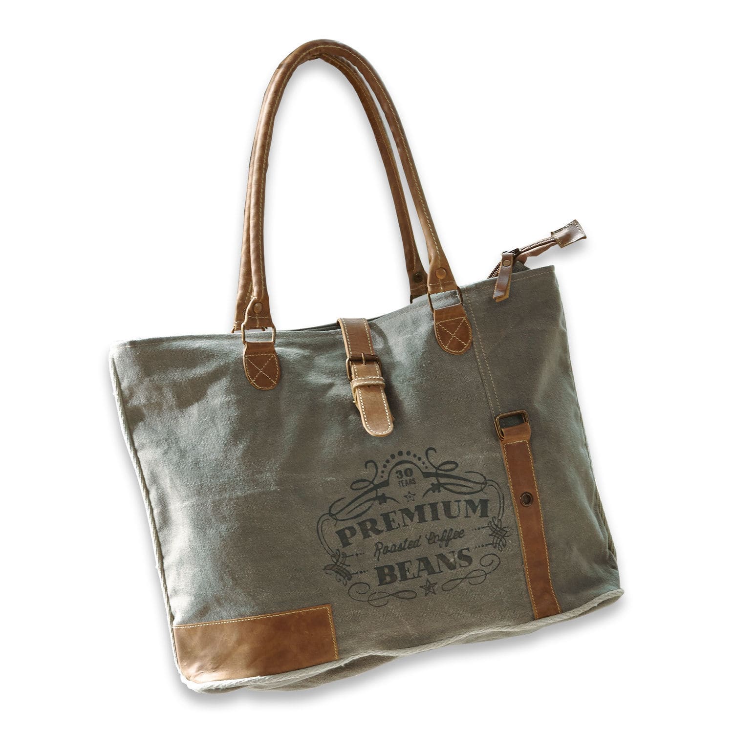 Sac Staci Sac gris en tissu avec poignées en cuir marron et impression premium coffee beans