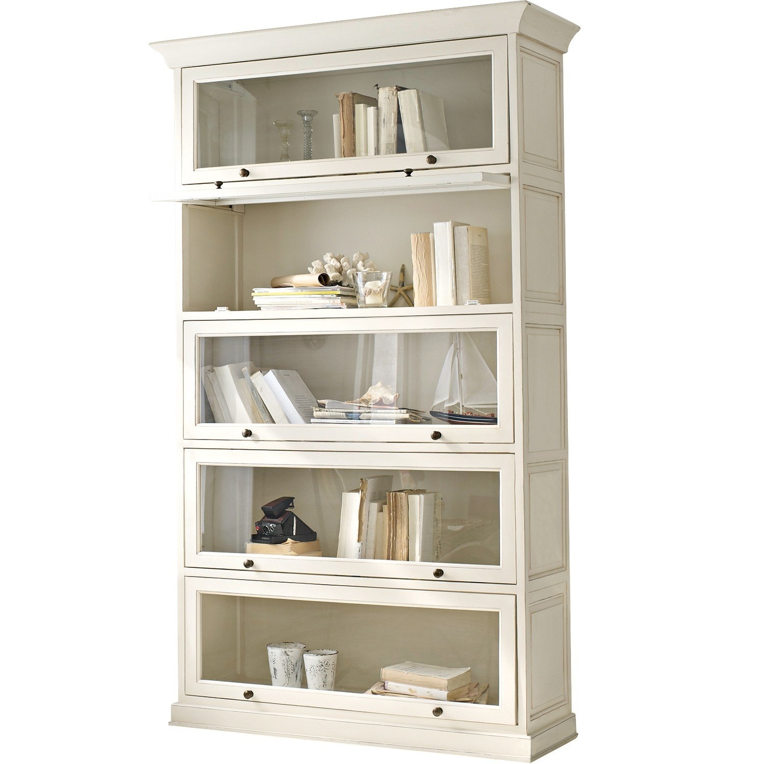 blanc vieilli Bibliothèque Stourbridge en bois blanc antique avec portes vitrées et étagères pour livres et décorations
