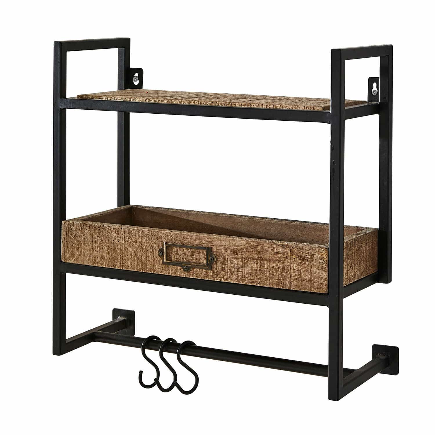 Étagère murale Taylors Island Étagère murale noire en métal avec tablette en bois et crochets pour suspendre des accessoires